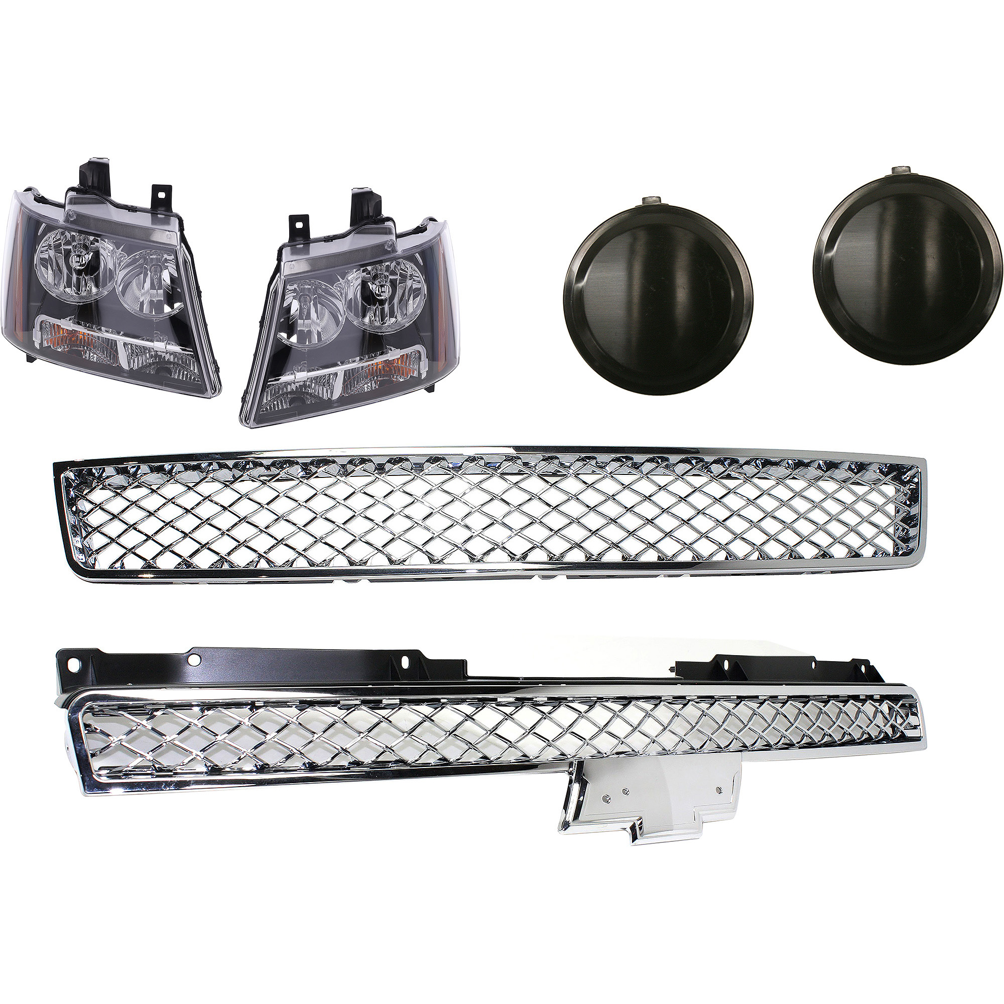 AM AVALANCHE 07-13 TAHOE 07-14 GRILLE Upper 6 Pc kit Polished with Bumper Grille Fog Light Cover and Headlight SKU KIT 092823-17 Partslink GM1200609 GM1038110 GM2502263 GM2503263 OEM 15944326-15817527-22853025-228