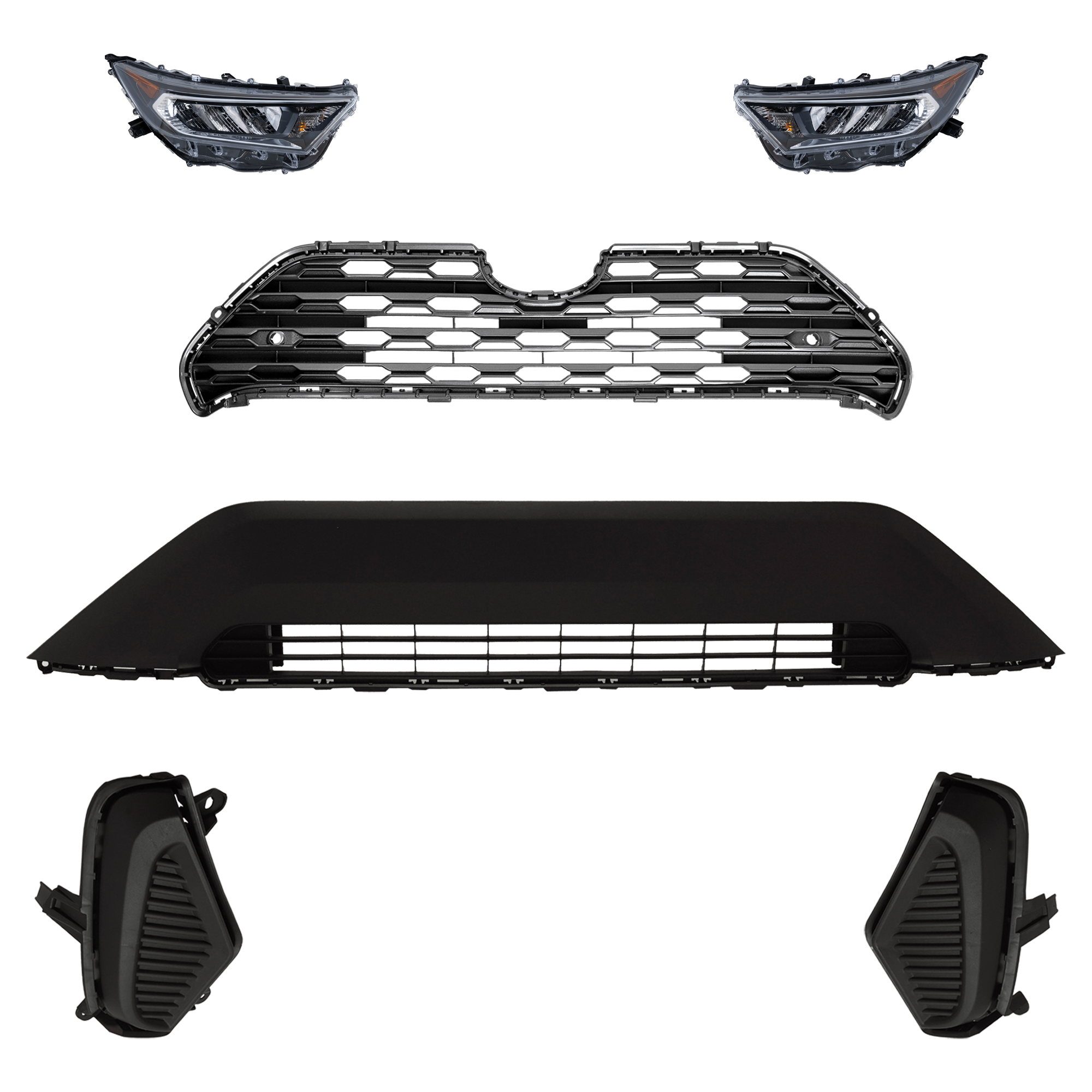 AM RAV4-19-21 HEAD LAMP RH AND LH 6 Pc kit Assembly LED with Bumper Grille Fog Light Cover and Grille Assembly SKU KIT 092823-182 Partslink TO1036203C TO1038225 TO1039225 TO1200440C TO2502275C TO2503275C OEM 521270R150-521280R150-531120R1
