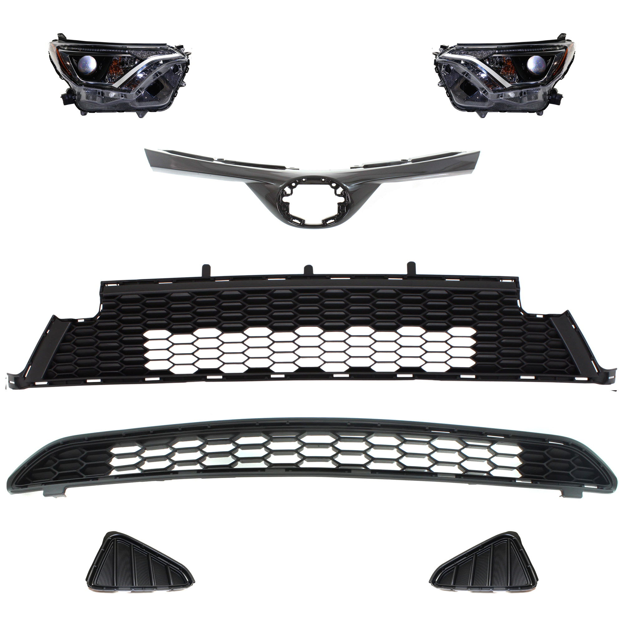 AM RAV4-16-16 HEAD LAMP RH AND LH 7 Pc kit Assembly Halogen with Bumper Grille Fog Light Cover and Grille Assembly SKU KIT 092823-187 Partslink TO2502247 TO2503247 TO1036167 TO1036171 TO1038191 TO1039191 TO1200411 OEM 811100R080-811500R080-531130R0