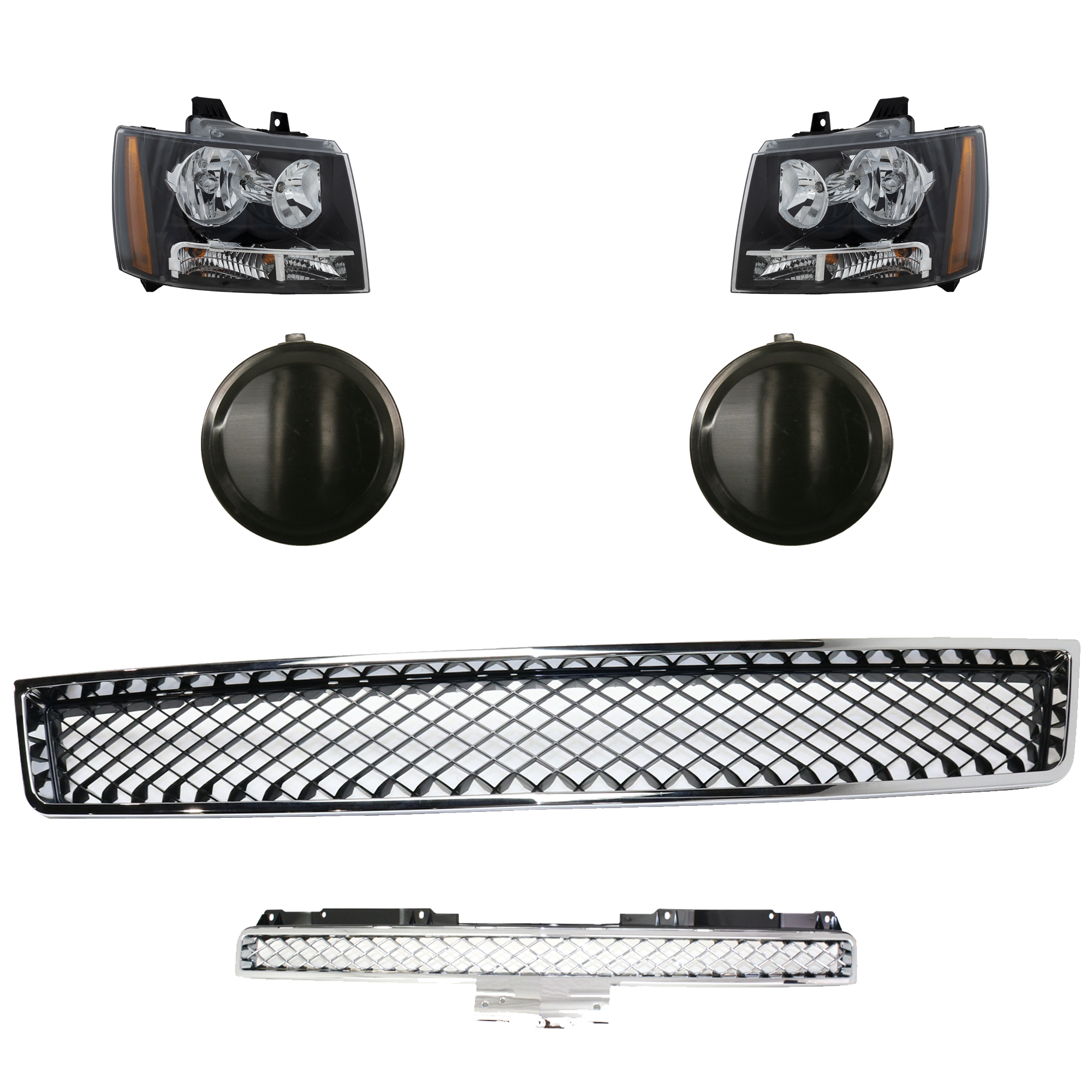 AM AVALANCHE 07-13 TAHOE 07-14 HEAD LAMP RH AND LH 6 Pc kit Assembly Halogen with Bumper Grille Fog Light Cover and Grille Assembly SKU KIT 092823-18 Partslink GM2502263 GM2503263 GM1200553 GM1038110 GM1200596 OEM 22853025-22853026-15835084-158