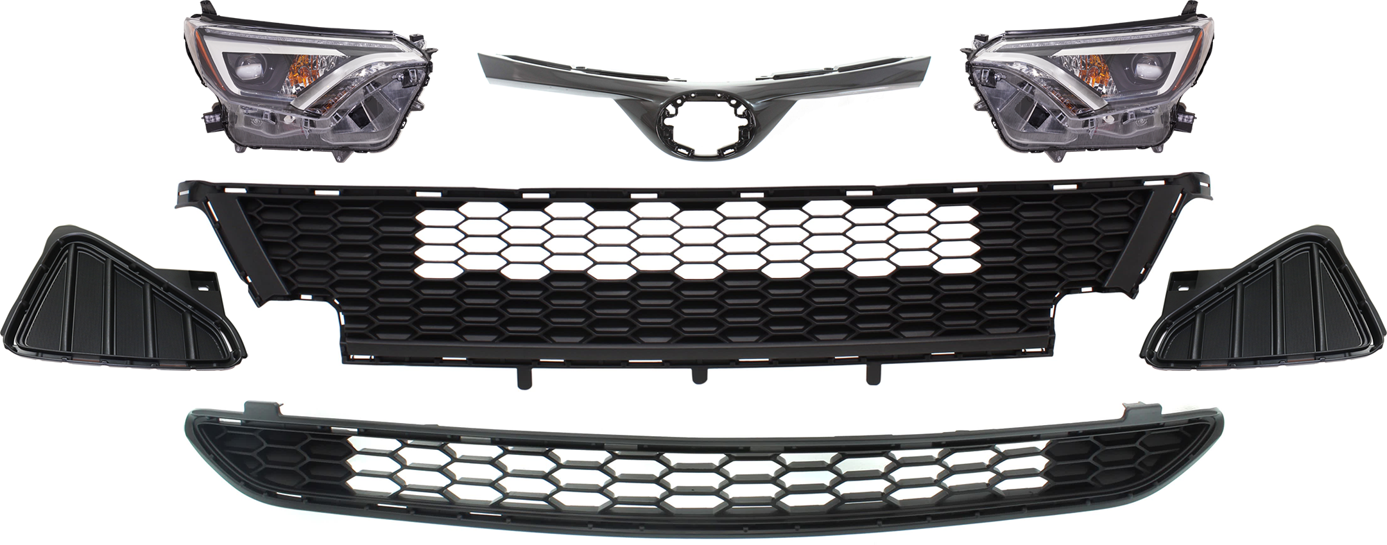 AM RAV4-16-16 HEAD LAMP RH AND LH 7 Pc kit Assembly LED with Bumper Grille Fog Light Cover and Grille Assembly SKU KIT 092823-190 Partslink TO1036167 TO1036171 TO1038191 TO1039191 TO1200411 OEM 8114542670 PFM 8118542670 PFM