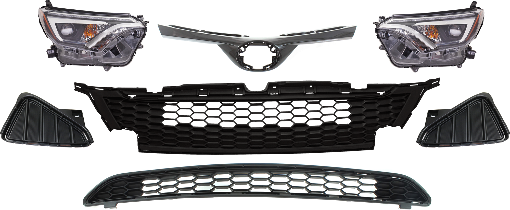 AM RAV4-16-18 HEAD LAMP RH AND LH 7 Pc kit Assembly LED with Bumper Grille Fog Light Cover and Grille Assembly SKU KIT 092823-191 Partslink TO1036200 TO1036171 TO1038191 TO1039191 TO1200411 OEM 8114542670 PFM 8118542670 PFM