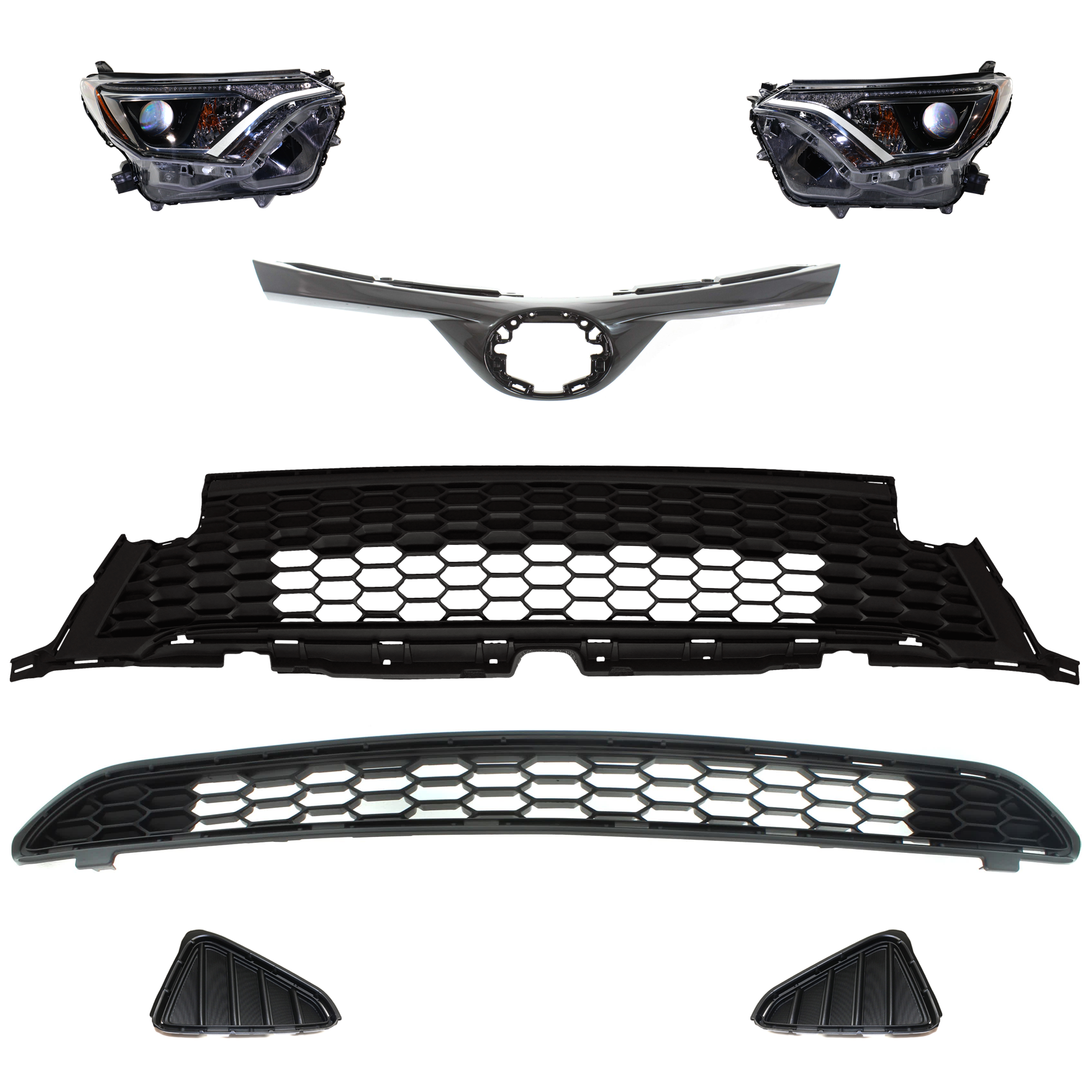 AM RAV4-16-18 HEAD LAMP RH AND LH 7 Pc kit Assembly Halogen with Bumper Grille Fog Light Cover and Grille Assembly SKU KIT 092823-194 Partslink TO2502247 TO2503247 TO1036200 TO1036171 TO1038191 TO1039191 TO1200411 OEM 811100R080-811500R080-531130R0