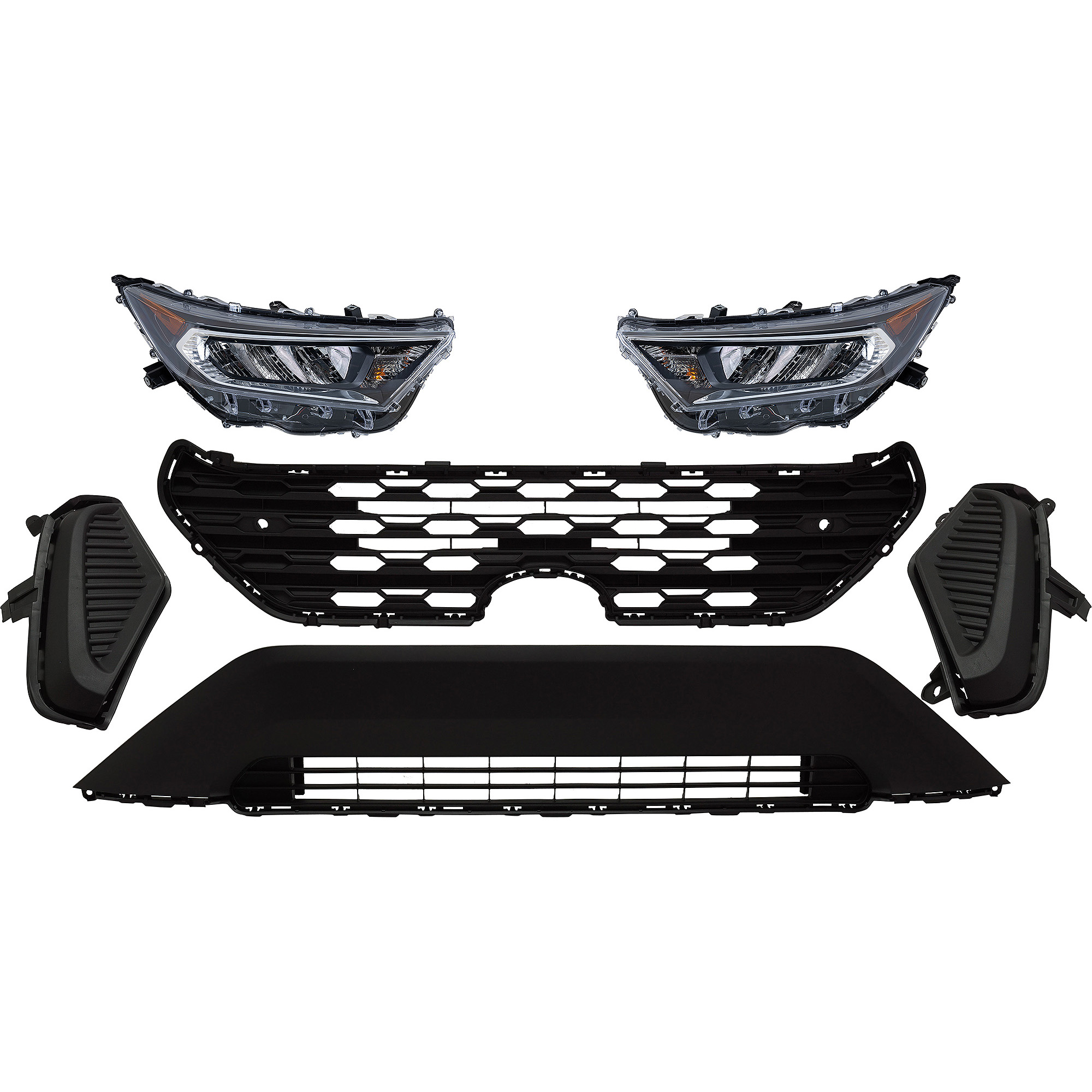 AM RAV4-19-21 HEAD LAMP RH AND LH 6 Pc kit Assembly LED with Bumper Grille Fog Light Cover and Grille Assembly SKU KIT 092823-196 Partslink TO2502275 TO2503275 TO1036203 TO1038225 TO1039225 TO1200439 OEM 811100R140-811500R140-531130R0