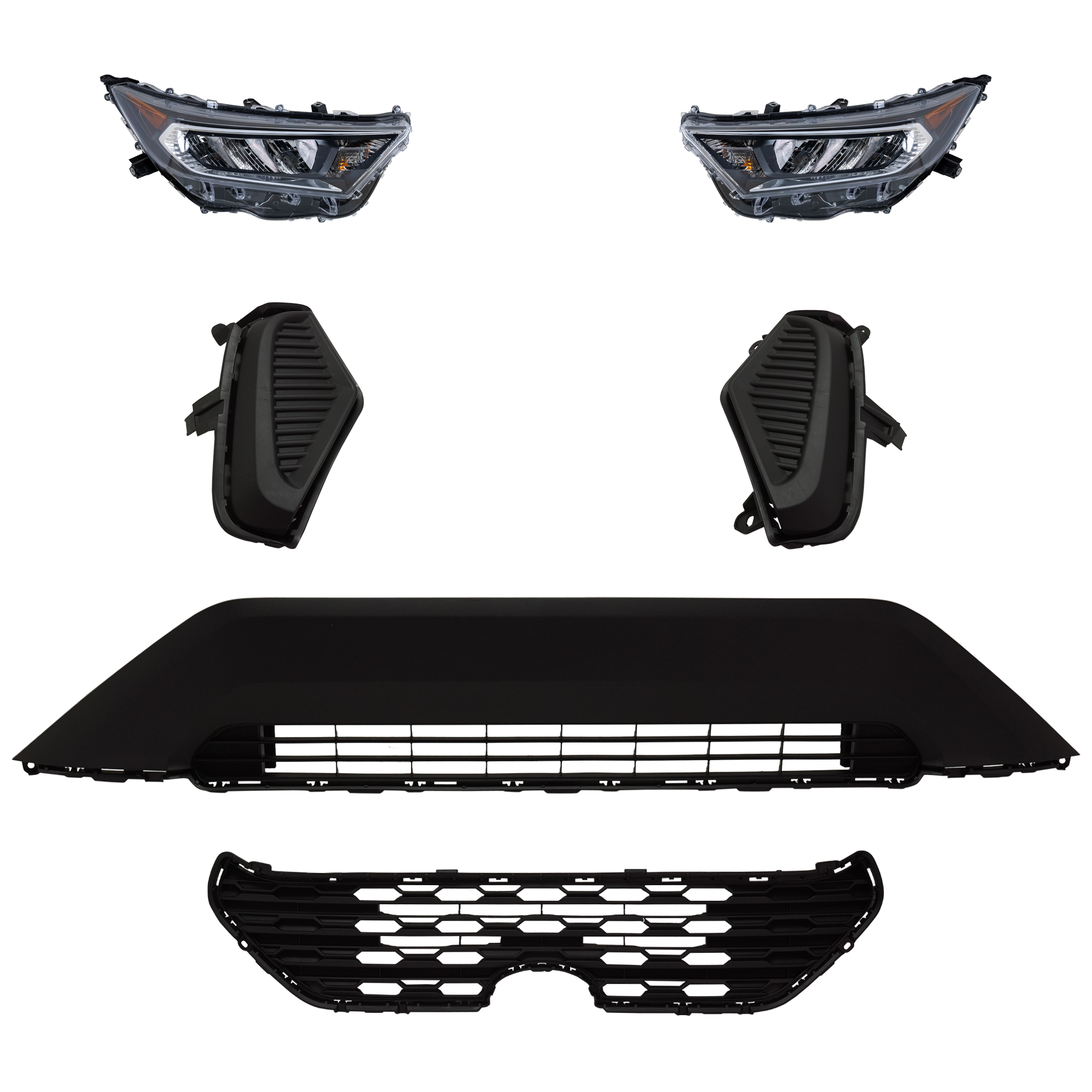 AM RAV4-19-21 HEAD LAMP RH AND LH 6 Pc kit Assembly LED with Bumper Grille Fog Light Cover and Grille Assembly SKU KIT 092823-197 Partslink TO2502275 TO2503275 TO1036203 TO1038225 TO1039225 TO1200438 OEM 811100R140-811500R140-531130R0