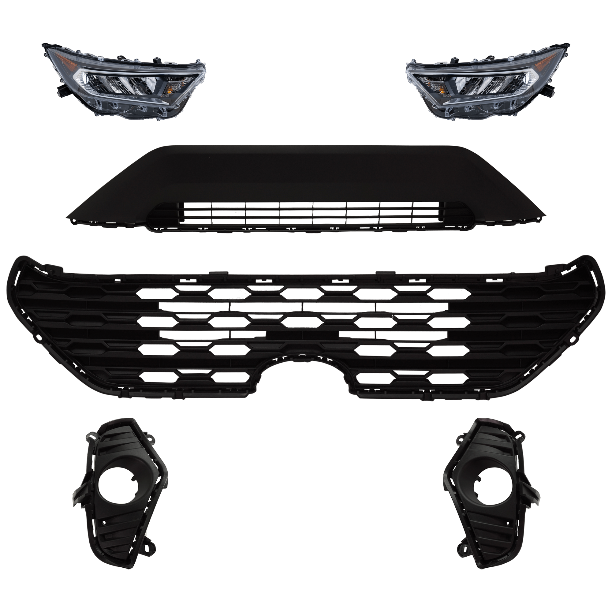AM RAV4-19-21 HEAD LAMP RH AND LH 6 Pc kit Assembly LED with Bumper Grille Fog Light Cover and Grille Assembly SKU KIT 092823-198 Partslink TO2502275 TO2503275 TO1036203 TO1038223 TO1039223 TO1200438 OEM 811100R140-811500R140-531130R0
