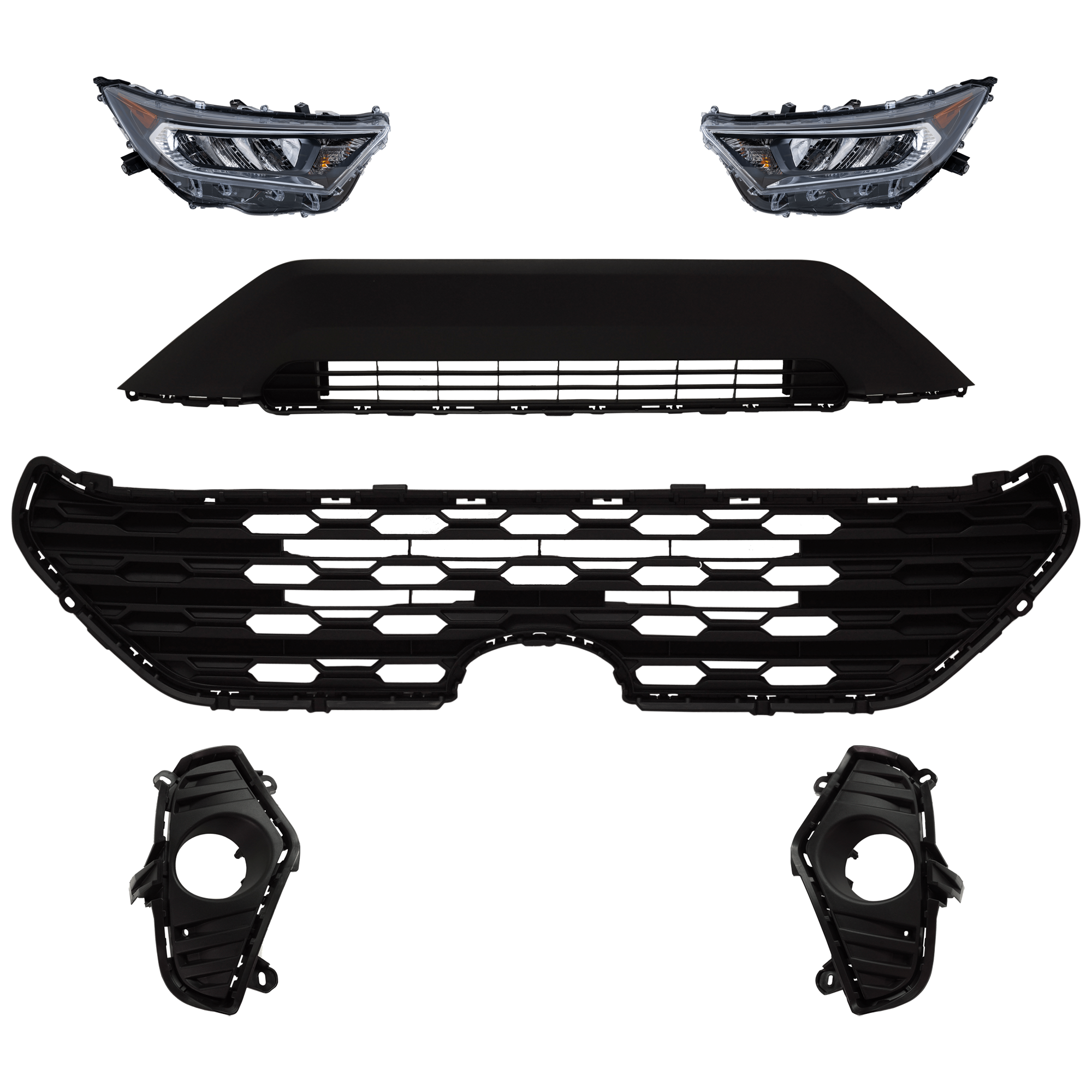 AM RAV4-19-21 HEAD LAMP RH AND LH 6 Pc kit Assembly LED with Bumper Grille Fog Light Cover and Grille Assembly SKU KIT 092823-199 Partslink TO2502275 TO2503275 TO1036203 TO1038223 TO1039223 TO1200439 OEM 811100R140-811500R140-531130R0