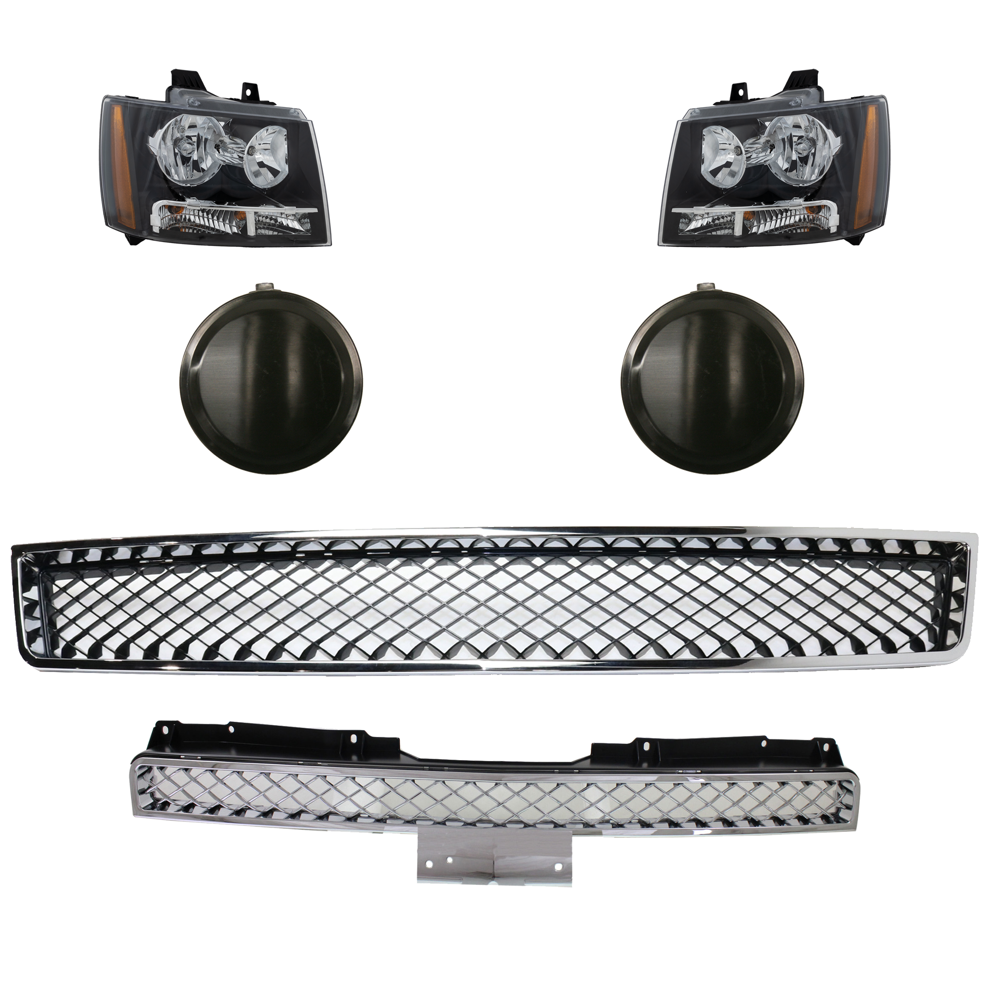 AM AVALANCHE 07-13 TAHOE 07-14 HEAD LAMP RH AND LH 6 Pc kit Assembly Halogen with Bumper Grille Fog Light Cover and Grille Assembly SKU KIT 092823-19 Partslink GM2502263 GM2503263 GM1200609 GM1038110 GM1200590 OEM 22853025-22853026-15944326-158