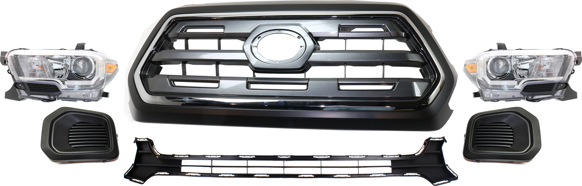 AM TACOMA 16-17 GRILLE 6 Pc kit Chrome Shell with Painted Black Insert with Bumper Grille Fog Light Cover and Headlight SKU KIT 092823-205 Partslink TO1200409 TO1036168 TO1038186 TO1039186 TO2502243 TO2503243 OEM 5310004540C0-5311204050-521280