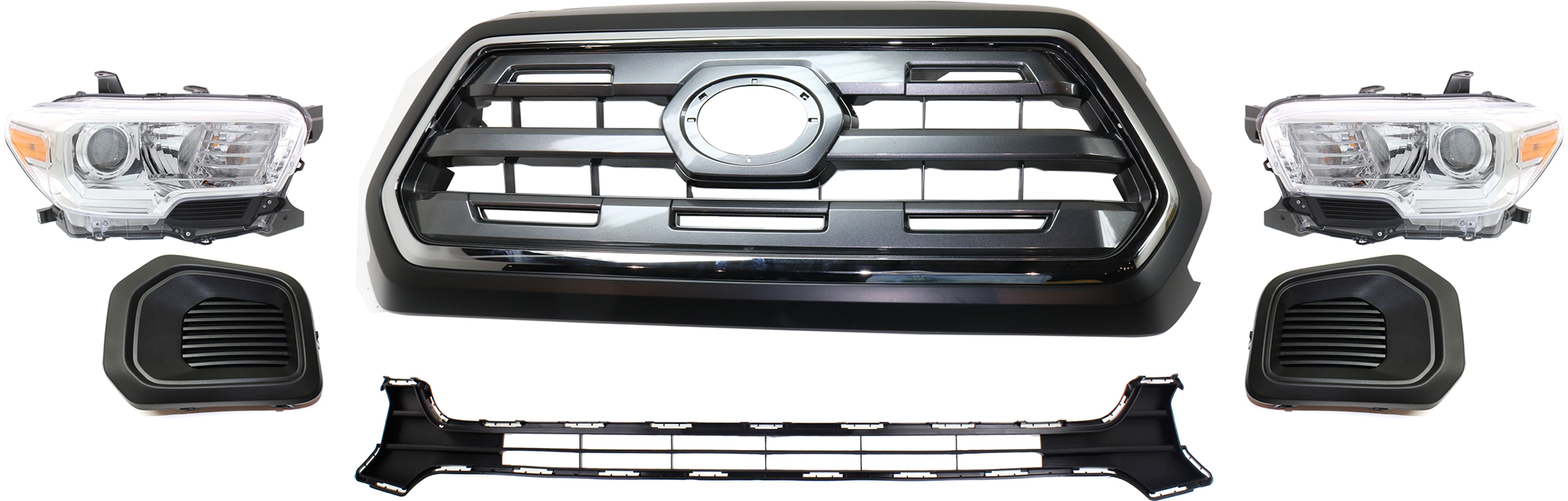 AM TACOMA 16-17 GRILLE 6 Pc kit Chrome Shell with Painted Black Insert with Bumper Grille Fog Light Cover and Headlight SKU KIT 092823-206 Partslink TO1200409 TO1036168 TO1038186 TO1039186 TO2502242 TO2503242 OEM 5310004540C0-5311204050-521280