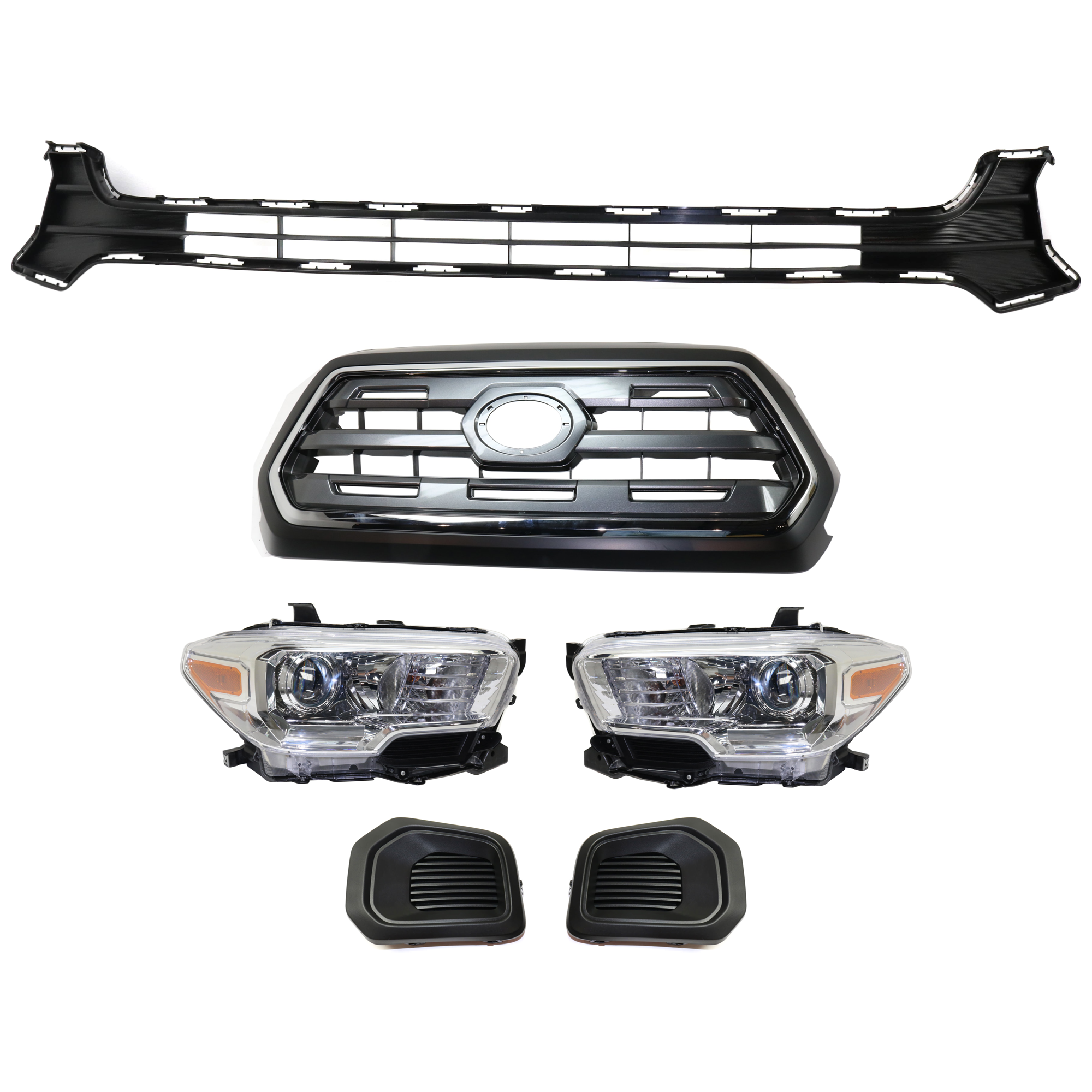 AM TACOMA 16-17 HEAD LAMP RH AND LH Assembly Halogen 6 pc Kit with Bumper Grille Fog Light Cover and Grille Assembly SKU KIT 092823-208 Partslink TO1036168C TO1038186 TO1039186 TO1200409C TO2502242C TO2503242C OEM 5212704040-5212804040-53100045