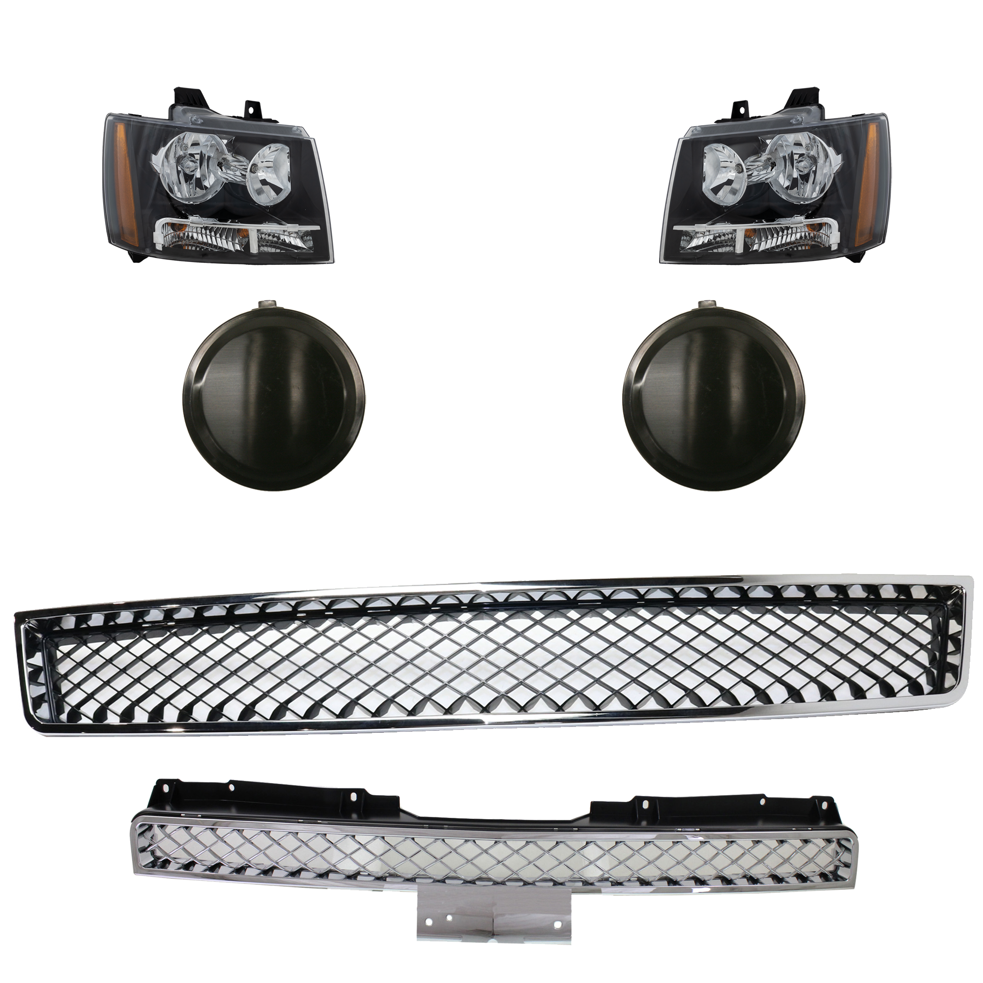 AM AVALANCHE 07-13 TAHOE 07-14 HEAD LAMP RH AND LH 6 Pc kit Assembly Halogen with Bumper Grille Fog Light Cover and Grille Assembly SKU KIT 092823-20 Partslink GM2502263 GM2503263 GM1200553 GM1038110 GM1200590 OEM 22853025-22853026-15835084-158