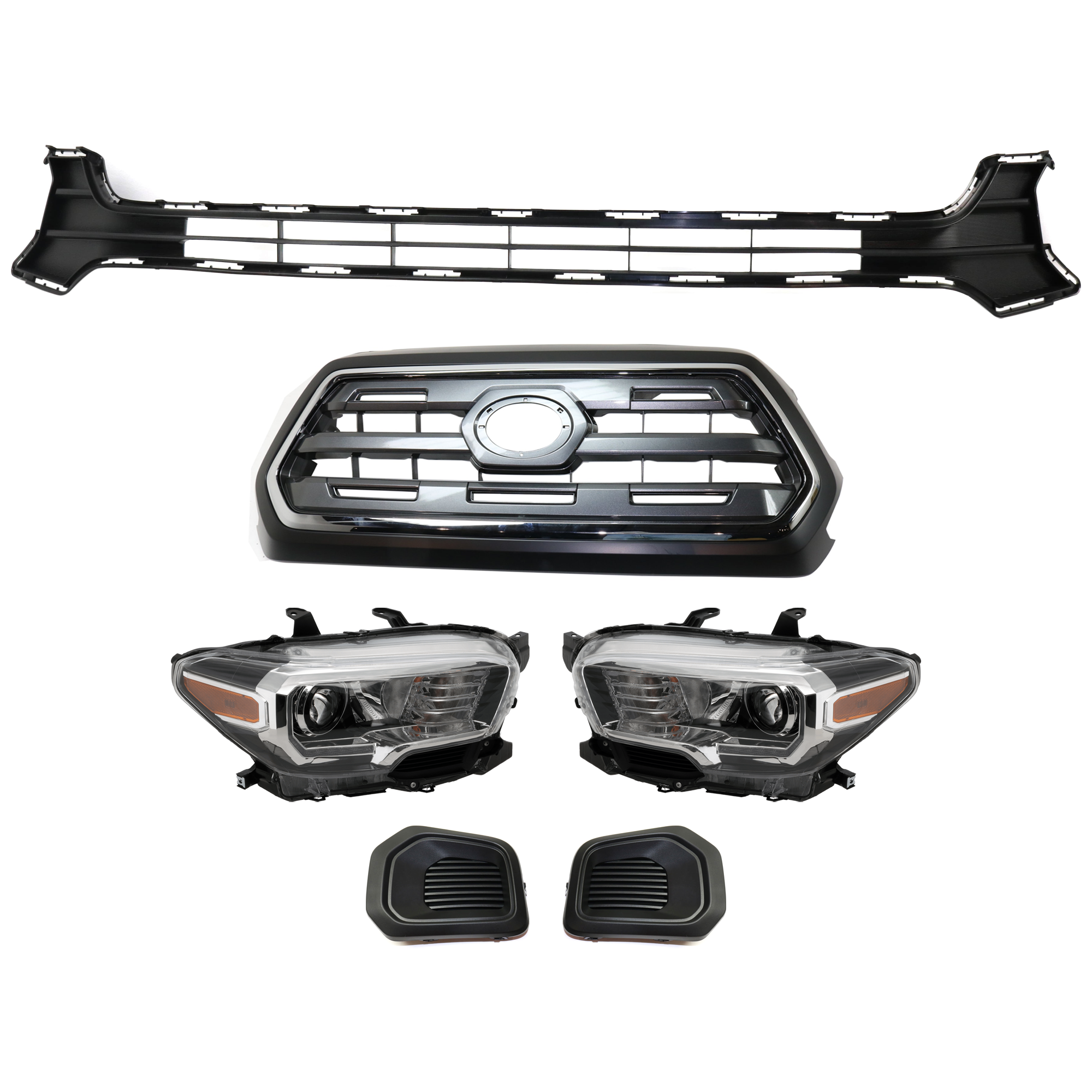 AM TACOMA 16-17 HEAD LAMP RH AND LH Assembly Halogen 6 pc Kit with Bumper Grille Fog Light Cover and Grille Assembly SKU KIT 092823-210 Partslink TO1036168C TO1038186 TO1039186 TO1200409C TO2502244C TO2503244C OEM 5212704040-5212804040-53100045