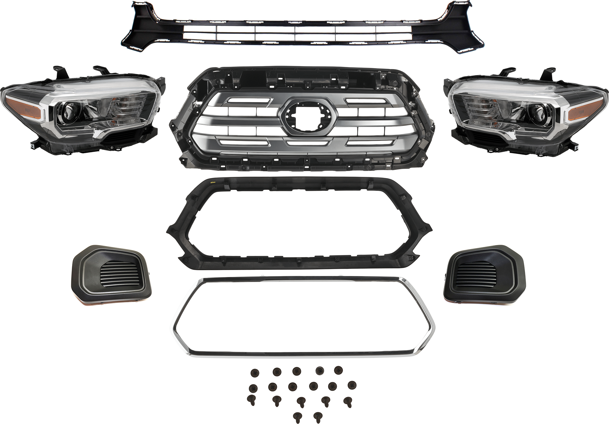 AM TACOMA 18-19 HEAD LAMP RH AND LH 6 Pc kit Assembly Halogen with Bumper Grille Fog Light Cover and Grille Assembly SKU KIT 092823-212 Partslink TO2502244 TO2503244 TO1036168 TO1038186 TO1039186 TO1200475 OEM 8111004270-8115004270-53112040
