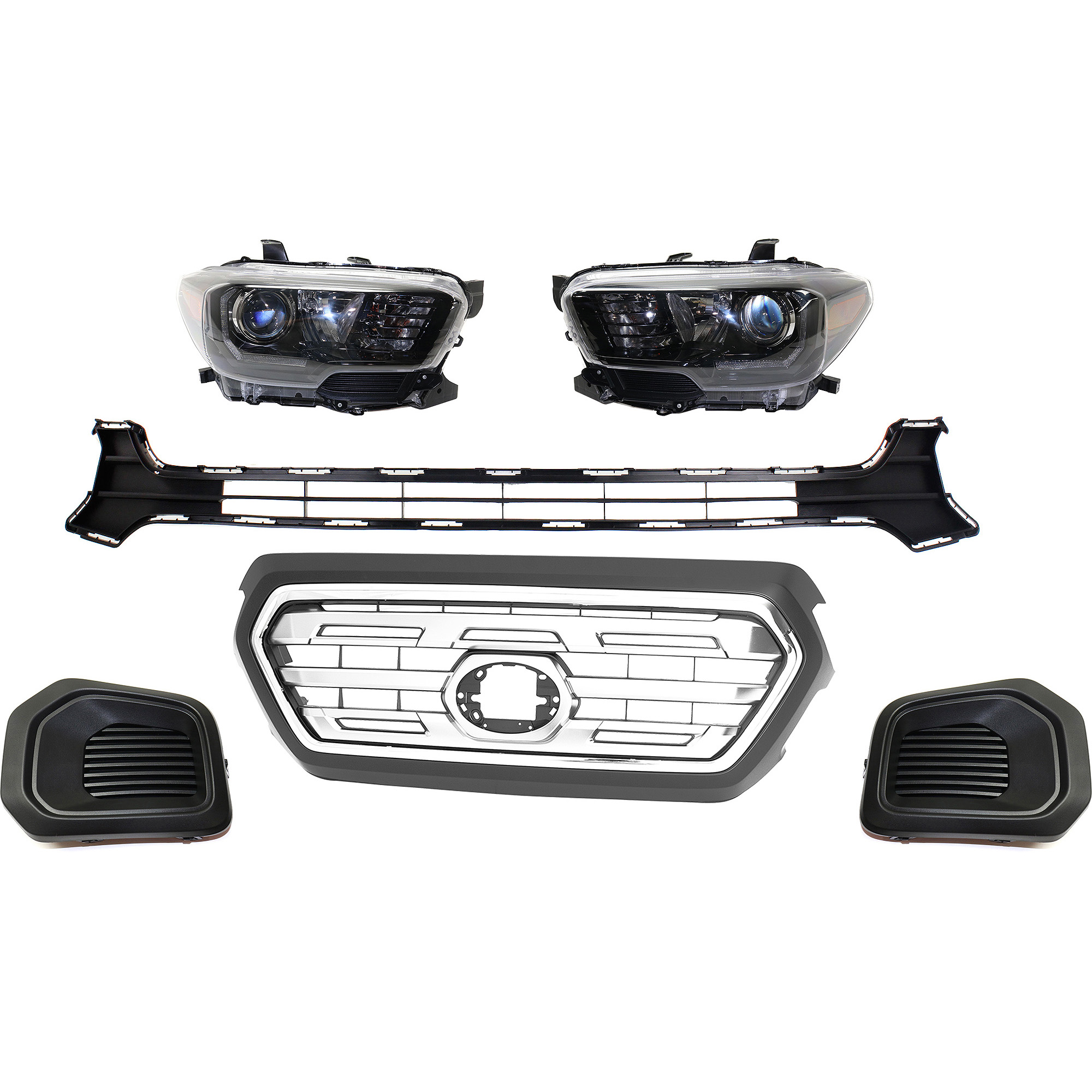 AM TACOMA 18-19 HEAD LAMP RH AND LH Assembly Halogen 6 pc Kit with Bumper Grille Fog Light Cover and Grille Assembly SKU KIT 092823-213 Partslink TO2502254 TO2503254 TO1036168 TO1038186 TO1039186 TO1200475 OEM 8111004280-8115004280-53112040