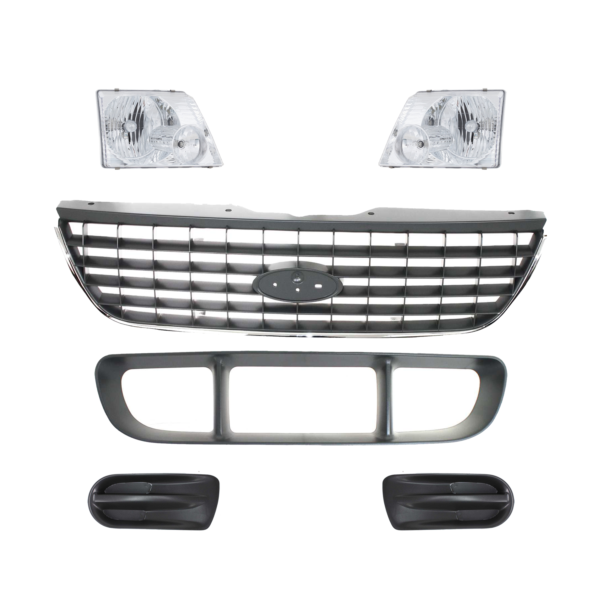 AM EXPLORER 02-05 GRILLE 6 Pc kit Gray with Bumper Grille Fog Light Cover and Headlight SKU KIT 092823-24 Partslink FO1200396 FO1036107 FO1036103 FO1036104 FO2502176 FO2503176 OEM 1L2Z8200AAB 1L2Z8200AAA 1L2Z82