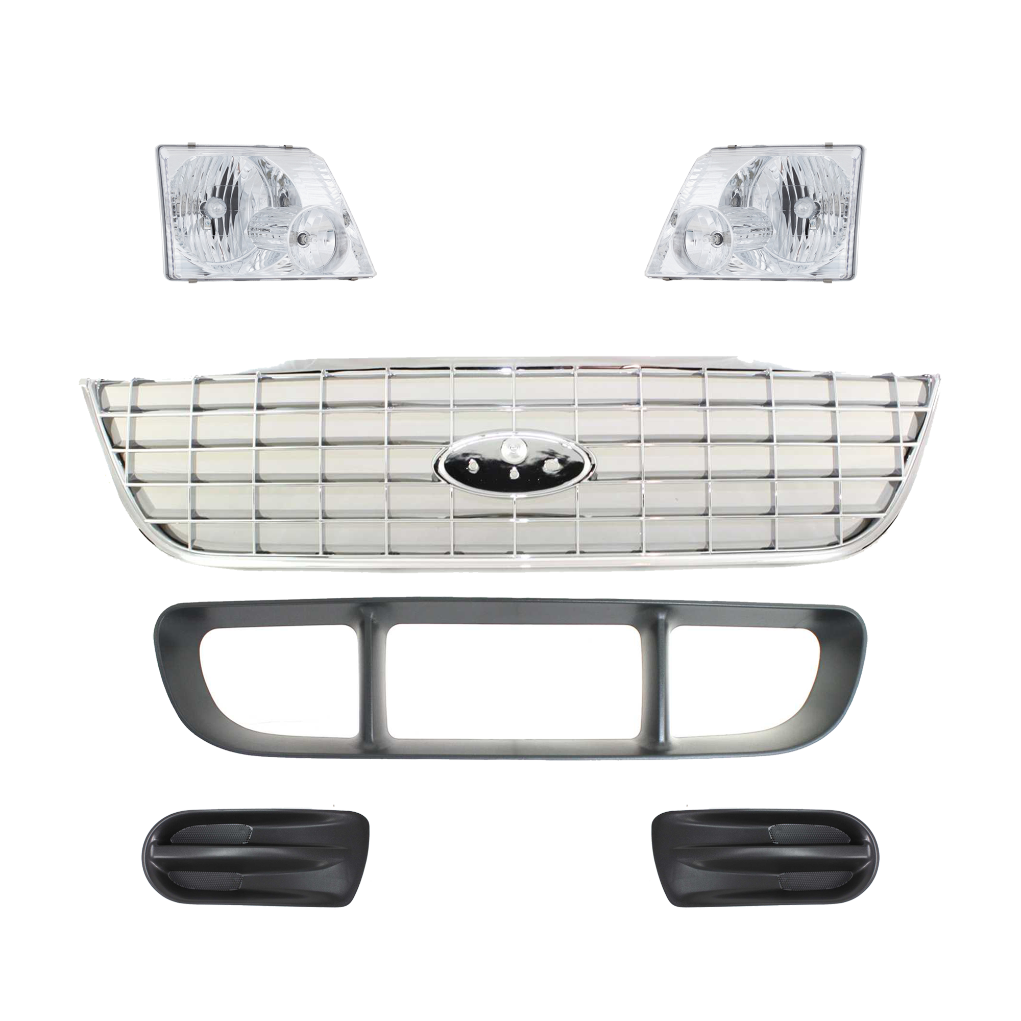 AM EXPLORER 02-05 GRILLE 6 Pc kit Chrome with Bumper Grille Fog Light Cover and Headlight SKU KIT 092823-25 Partslink FO1200402 FO1036107 FO1036103 FO1036104 FO2502176 FO2503176 OEM Performance 1L2Z8200AAB 1L2Z82