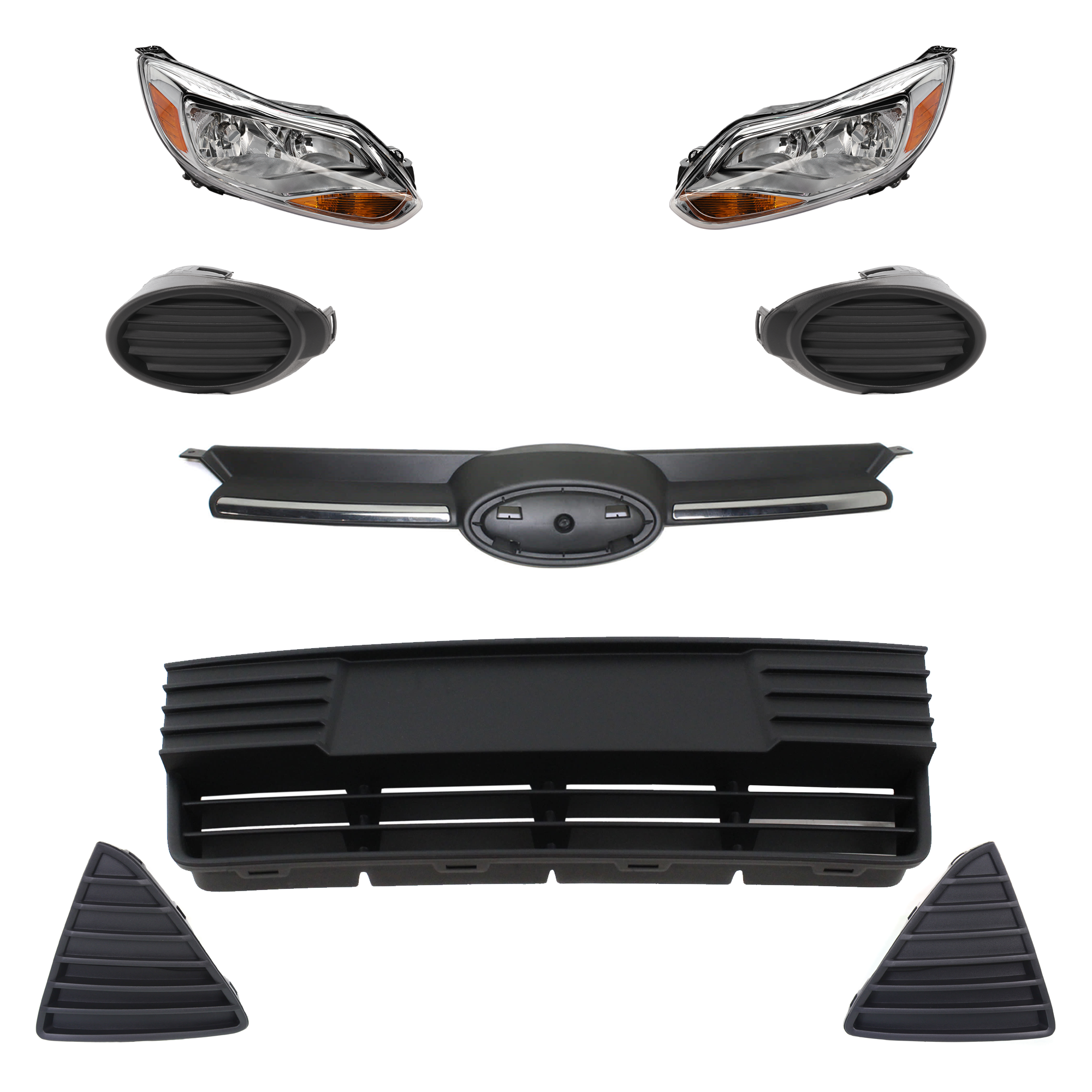 AM FOCUS 12-14 HEAD LAMP RH AND LH 8 Pc kit Assembly Halogen with Bumper Grille Fog Light Cover and Grille Assembly SKU KIT 092823-26 Partslink FO1036137 FO1038114 FO1038116 FO1039114 FO1039116 FO1200536C FO2502298 FO2503298 OEM BM5Z13008F BM5Z13008K BM5Z8200
