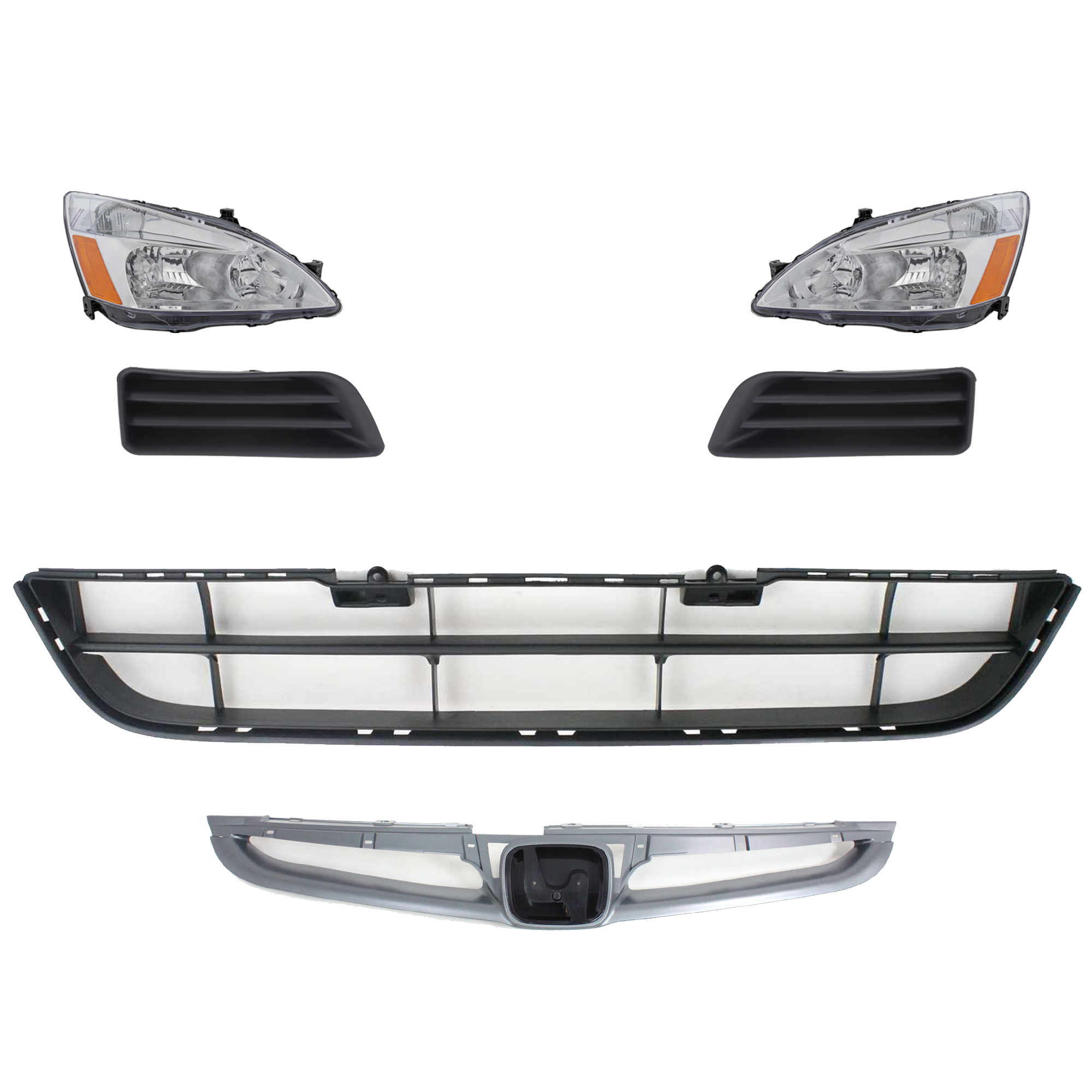 AM ACCORD 06-07 HEAD LAMP RH AND LH 6 pc kit Assembly Halogen w Bumper Grille Fog Light Cover and Grille Assembly SKU KIT 092823-43 Partslink HO1036101 HO1038107 HO1039107 HO1200179 OEM 33101SDAA01 PFM 33151SDAA01 PF