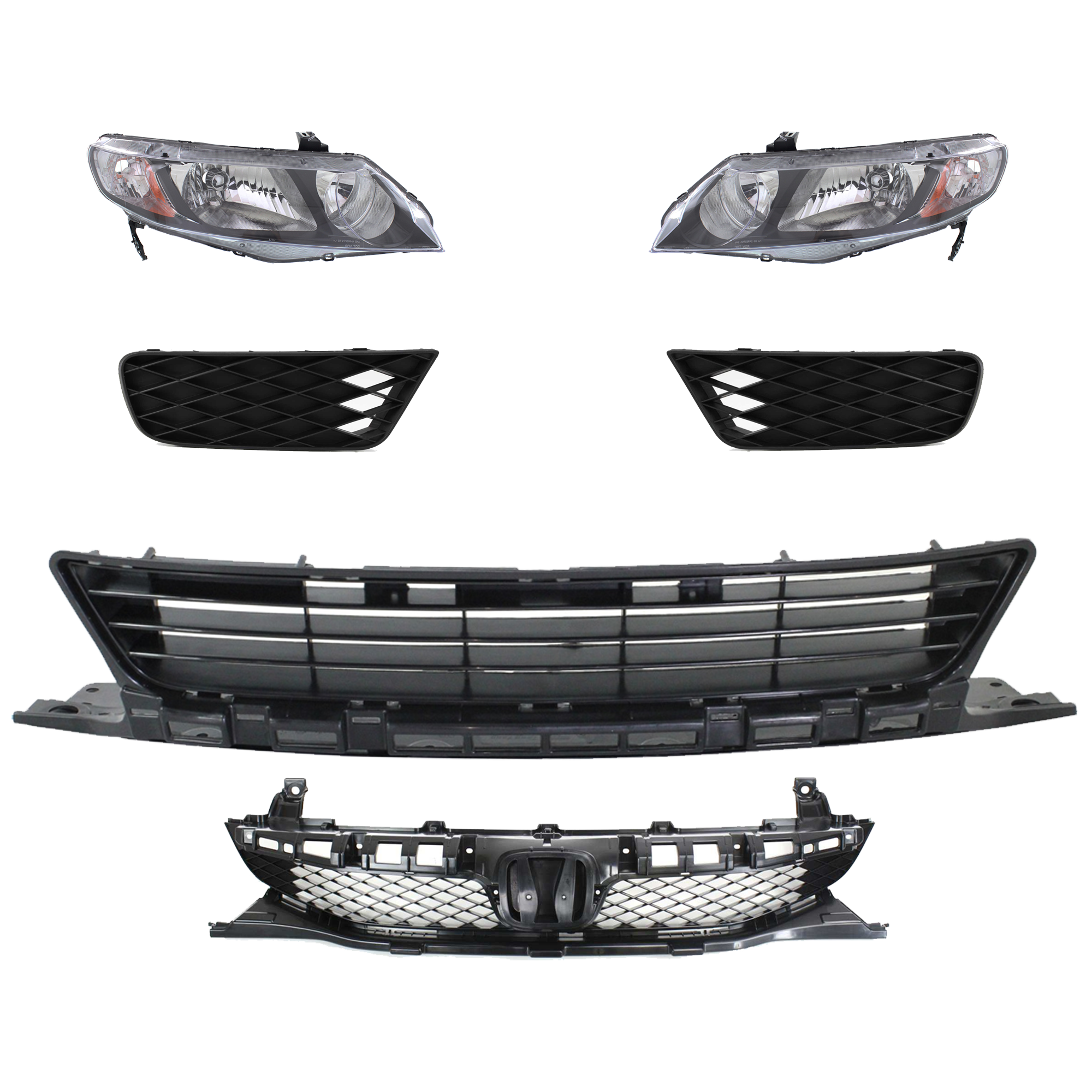 AM CIVIC 09-11 HEAD LAMP RH AND LH 6 Pc kit Lens and Housing Halogen with Bumper Grille Fog Light Cover and Grille Assembly SKU KIT 092823-46 Partslink HO2502127 HO2503127 HO1036107 HO1038100 HO1039100 HO1200198 OEM 33101SNCA01-33151SNCA01-71107S