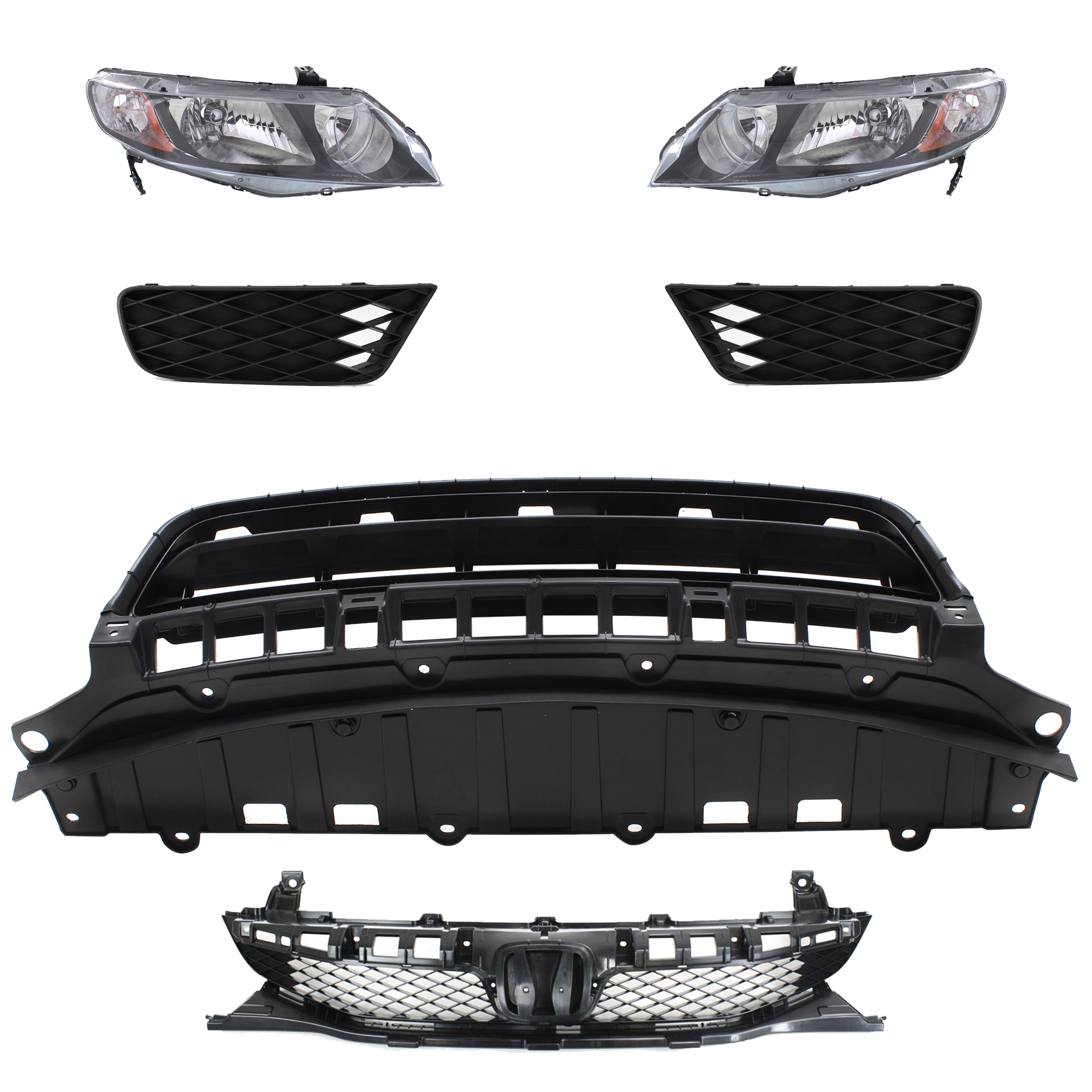 AM CIVIC 09-11 HEAD LAMP RH AND LH 6 Pc kit Lens and Housing Halogen with Bumper Grille Fog Light Cover and Grille Assembly SKU KIT 092823-47 Partslink HO2502127 HO2503127 HO1036127 HO1038100 HO1039100 HO1200198 OEM 33101SNCA01-33151SNCA01-71107S
