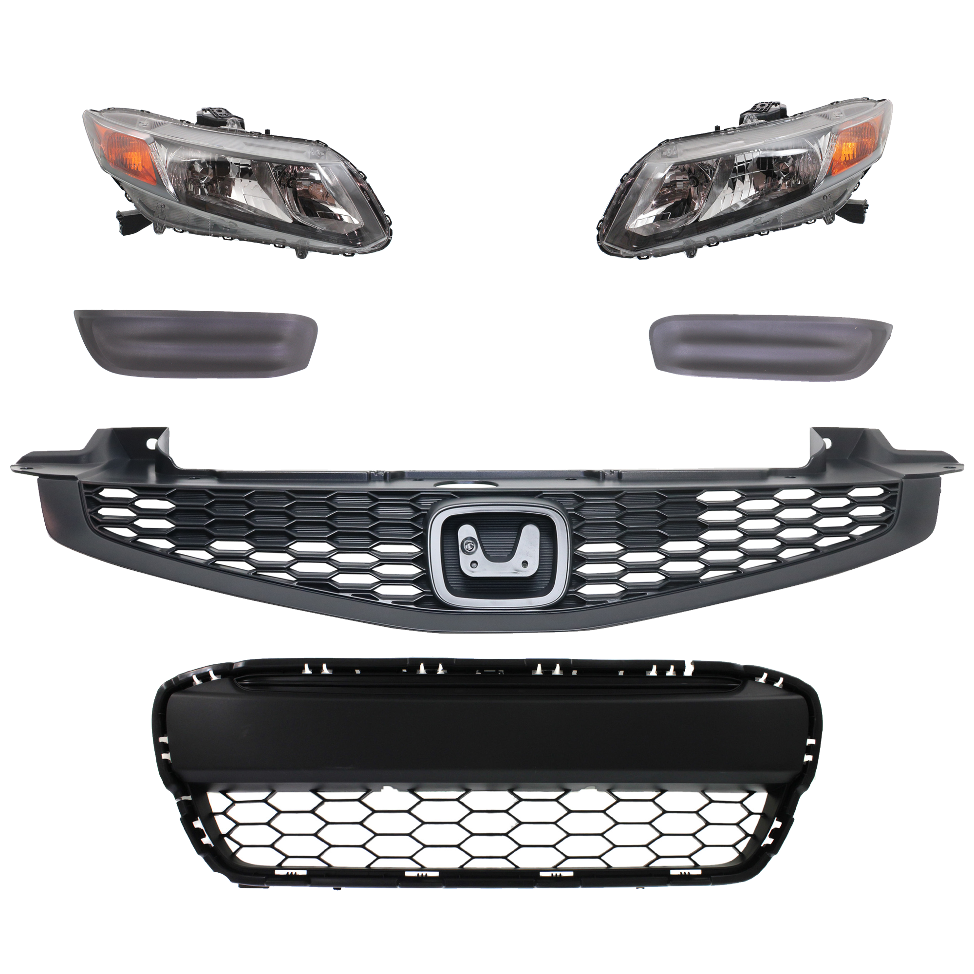 AM CIVIC 12-12 HEAD LAMP RH AND LH 6 Pc kit Assembly Halogen with Bumper Grille Fog Light Cover and Grille Assembly SKU KIT 092823-49 Partslink HO2502144 HO2503144 HO1036111 HO1038104 HO1039104 HO1200209 OEM 33100TR0A01-33150TR0A01-71105T