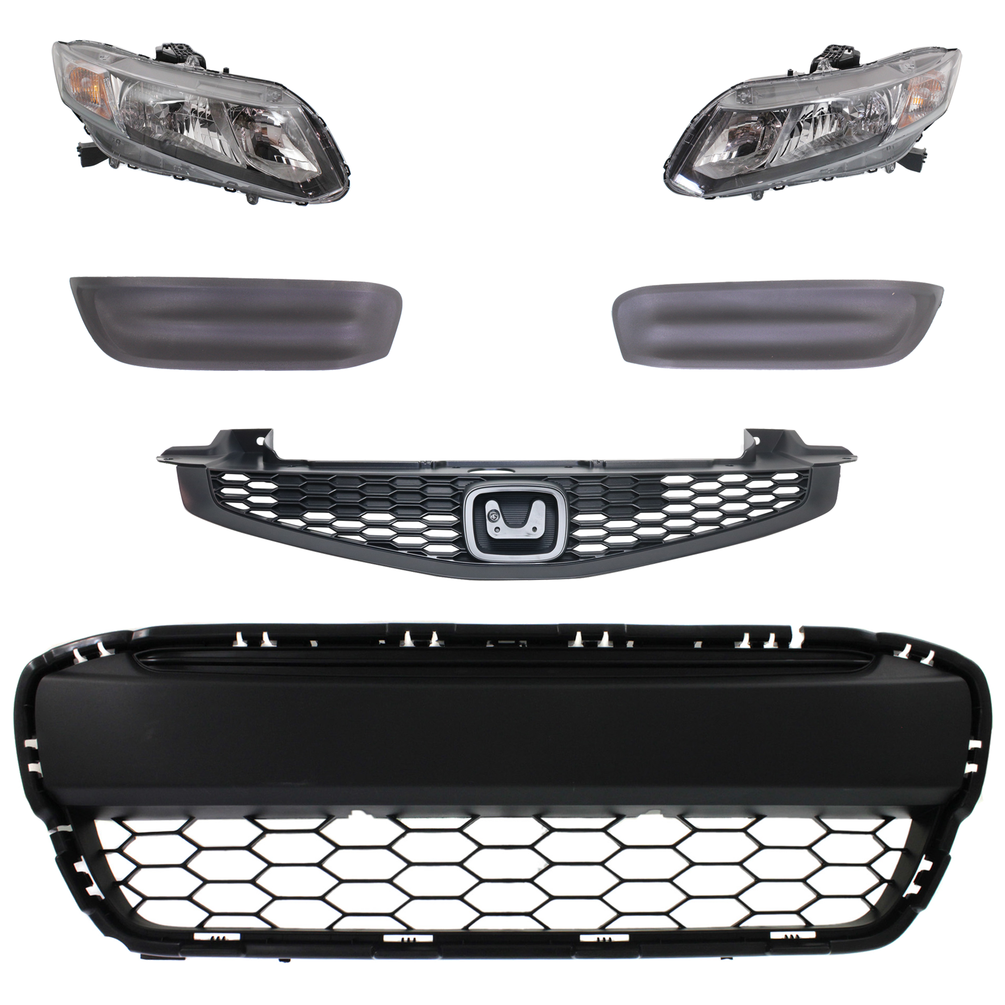 AM CIVIC 13-13 HEAD LAMP RH AND LH Assembly Halogen 6 pc kit with Bumper Grille Fog Light Cover and Grille Assembly SKU KIT 092823-51 Partslink HO2502150 HO2503150 HO1036111 HO1038104 HO1039104 HO1200209 OEM 33100TR0A51-33150TR0A51-71105T