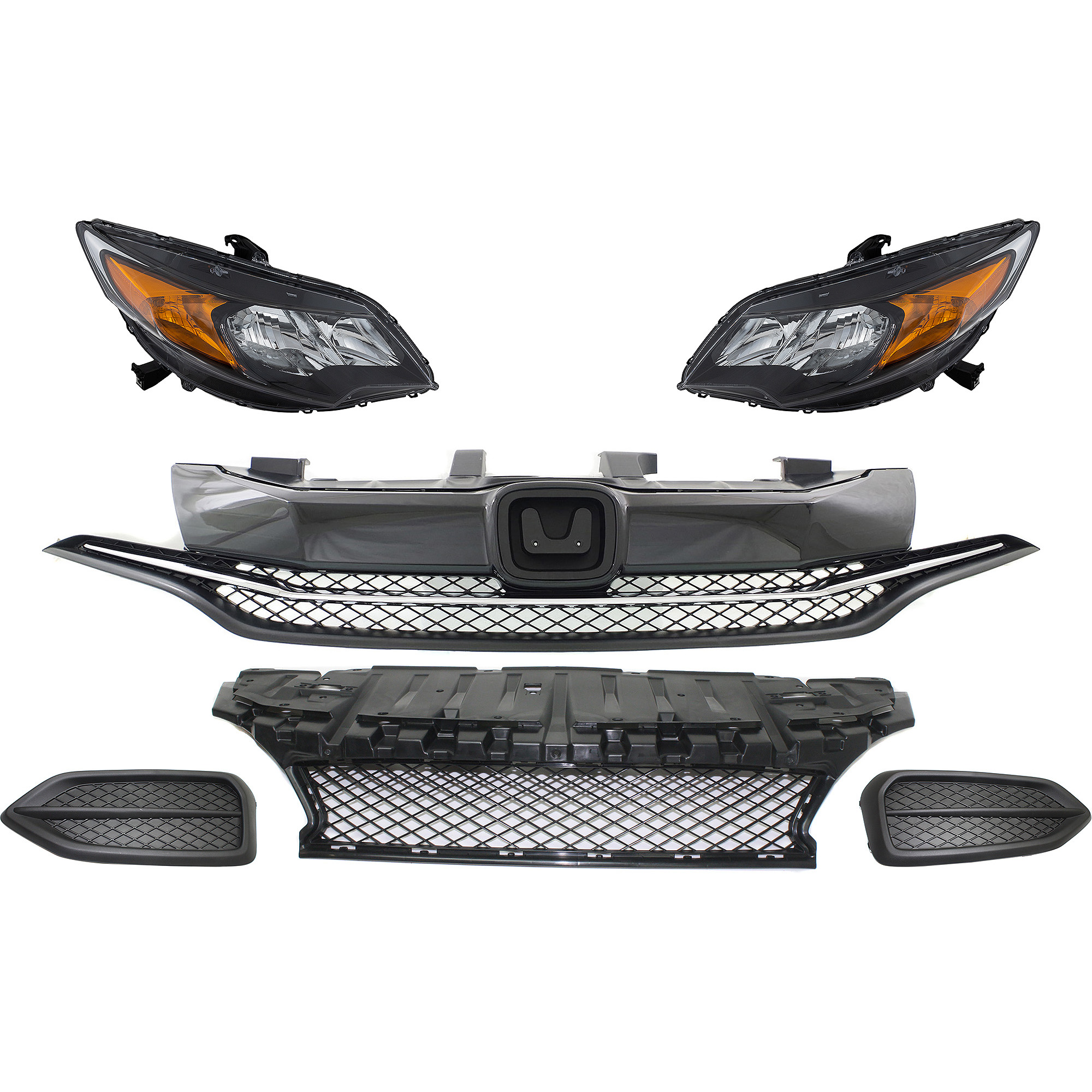 AM CIVIC 14-15 GRILLE 6 Pc kit Textured Black with Bumper Grille Fog Light Cover and Headlight SKU KIT 092823-53 Partslink HO1200221 HO1036120 HO1038122 HO1039122 HO2502163 HO2503163 OEM 71120TS8A51-71105TS8A51-71107T