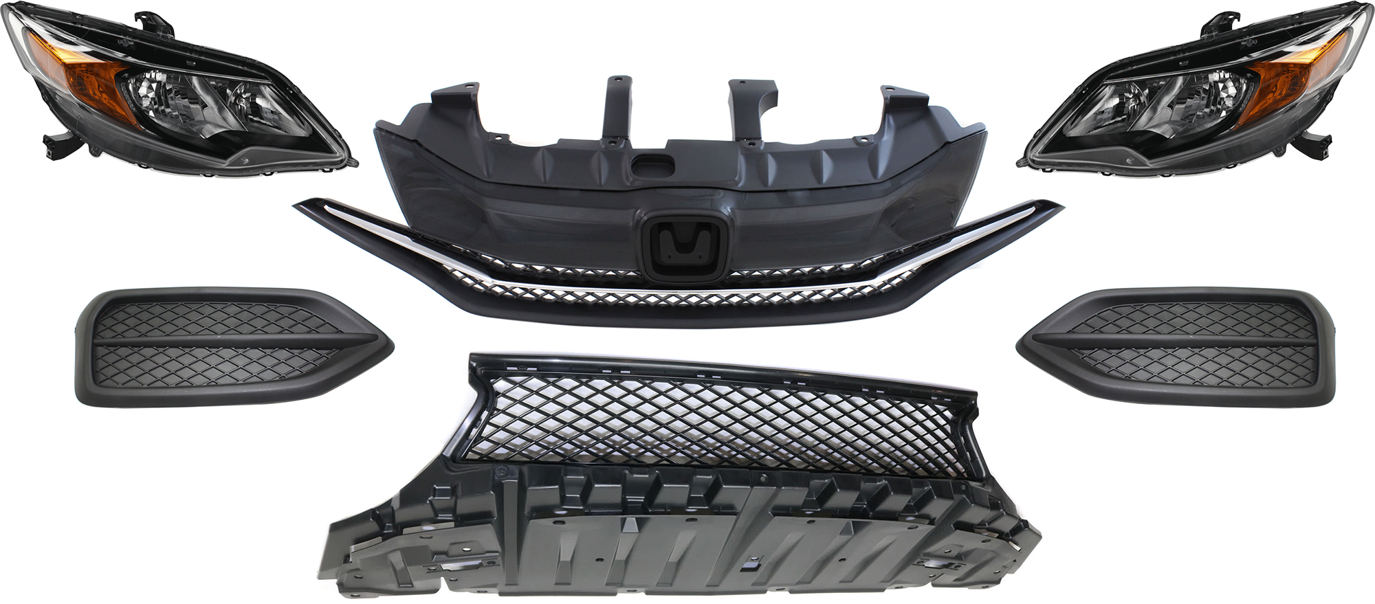AM CIVIC 14-15 GRILLE 6 pc Kit with Bumper Grille Fog Light Covers and Headlights CAPA SKU KIT 092823-54 Partslink HO1036120C HO1038122 HO1039122 HO1200221C HO2502163C HO2503163C OEM 33100TS8A51-33150TS8A51-71105T