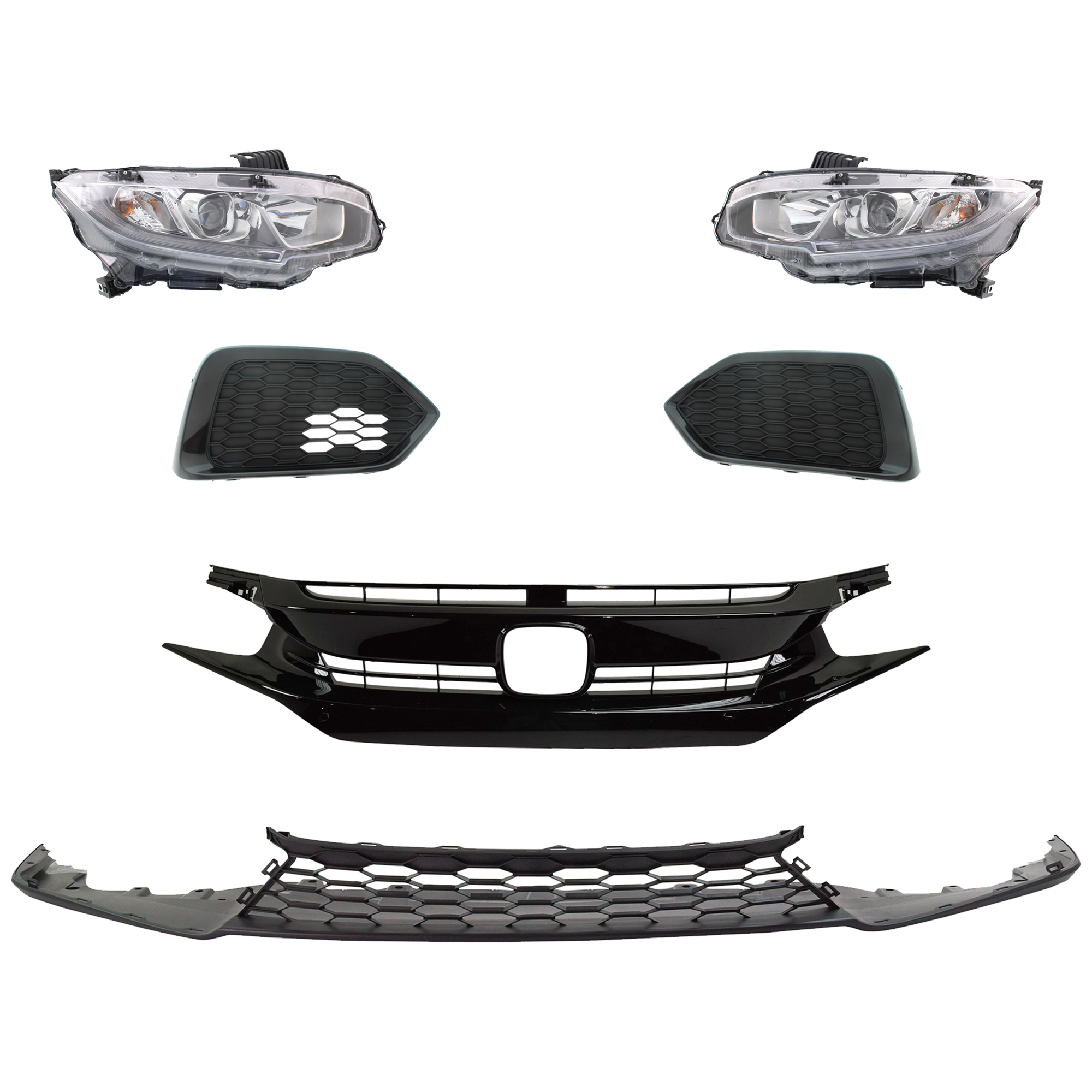AM CIVIC 17-18 HEAD LAMP RH AND LH 6 Pc kit Assembly Halogen with Bumper Grille Fog Light Cover and Grille Assembly SKU KIT 092823-55 Partslink HO2502173 HO2503173 HO1036128 HO1038132 HO1039132 HO1200235 OEM 33100TBAA01-33150TBAA01-71102T