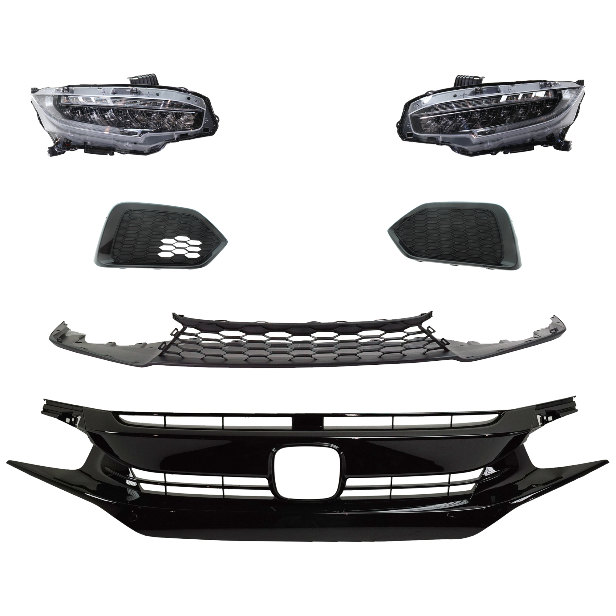 AM CIVIC 17-18 HEAD LAMP RH AND LH 6 Pc kit Assembly LED with Bumper Grille Fog Light Cover and Grille Assembly SKU KIT 092823-56 Partslink HO2502176 HO2503176 HO1036128 HO1038132 HO1039132 HO1200235 OEM 33100TBAA11-33150TBAA11-71102T