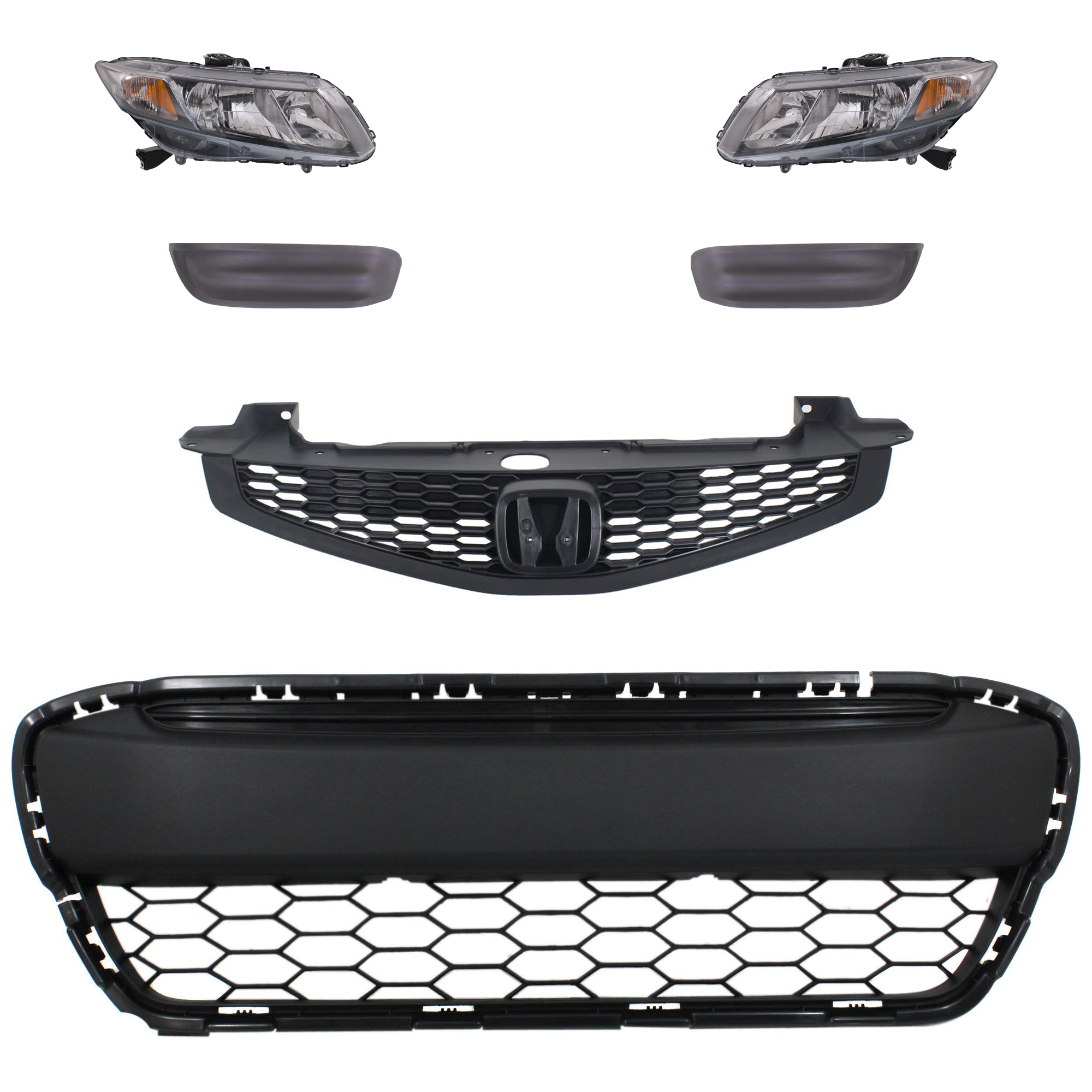 AM CIVIC 13-13 HEAD LAMP RH AND LH Assembly Halogen 6 pc kit with Bumper Grille Fog Light Cover and Grille Assembly CAPA SKU KIT 092823-57 Partslink HO1036111C HO1038104 HO1039104 HO1200209C HO2502150C HO2503150C OEM 33100TR0A51-33150TR0A51-71105T