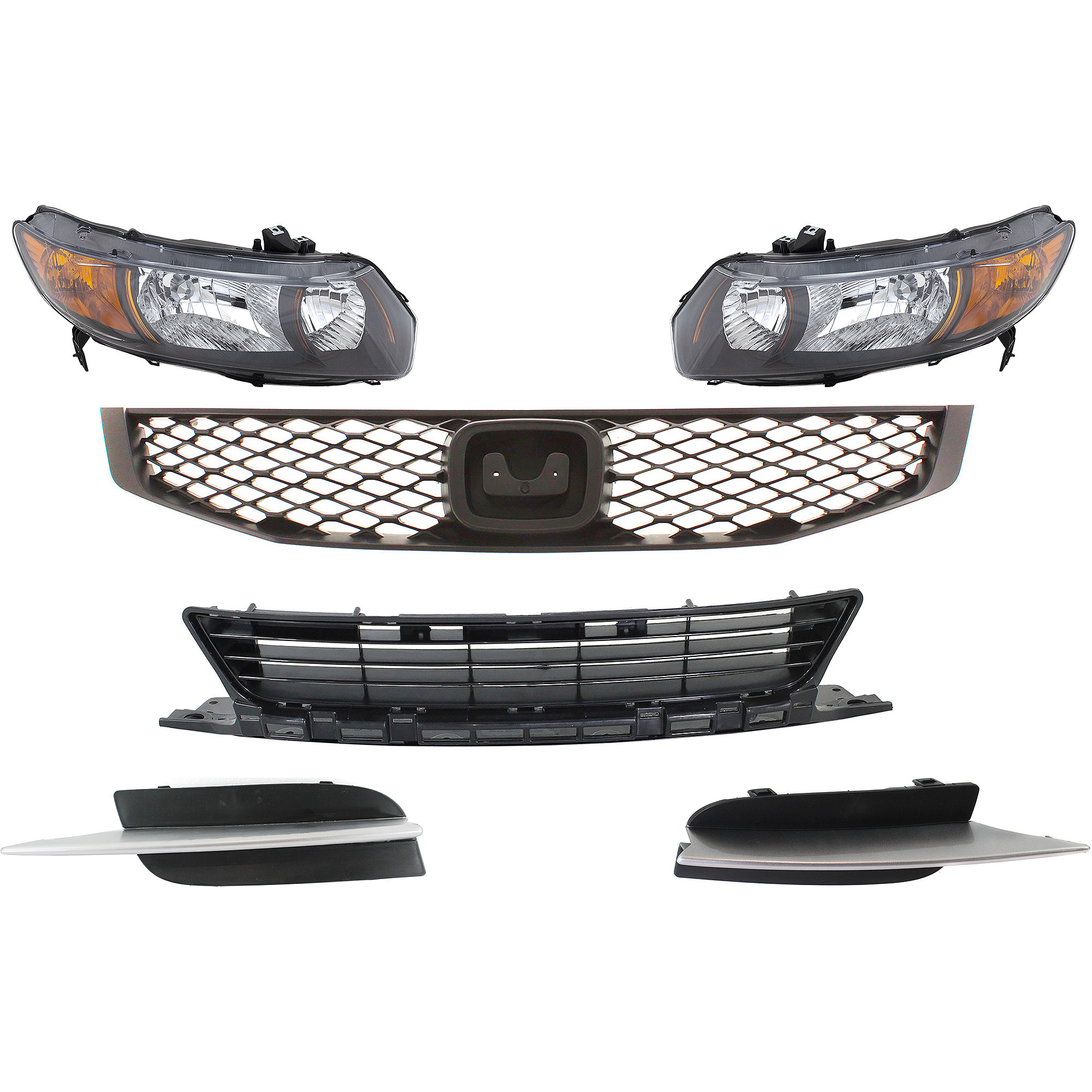 AM CIVIC 09-09 HEAD LAMP RH AND LH 6 Pc kit Lens and Housing Halogen with Bumper Grille Fog Light Cover and Grille Assembly SKU KIT 092823-60 Partslink HO1036107 HO1038103 HO1039103 HO1200199 OEM 33101SVBA11-33101SVBA02-33151S