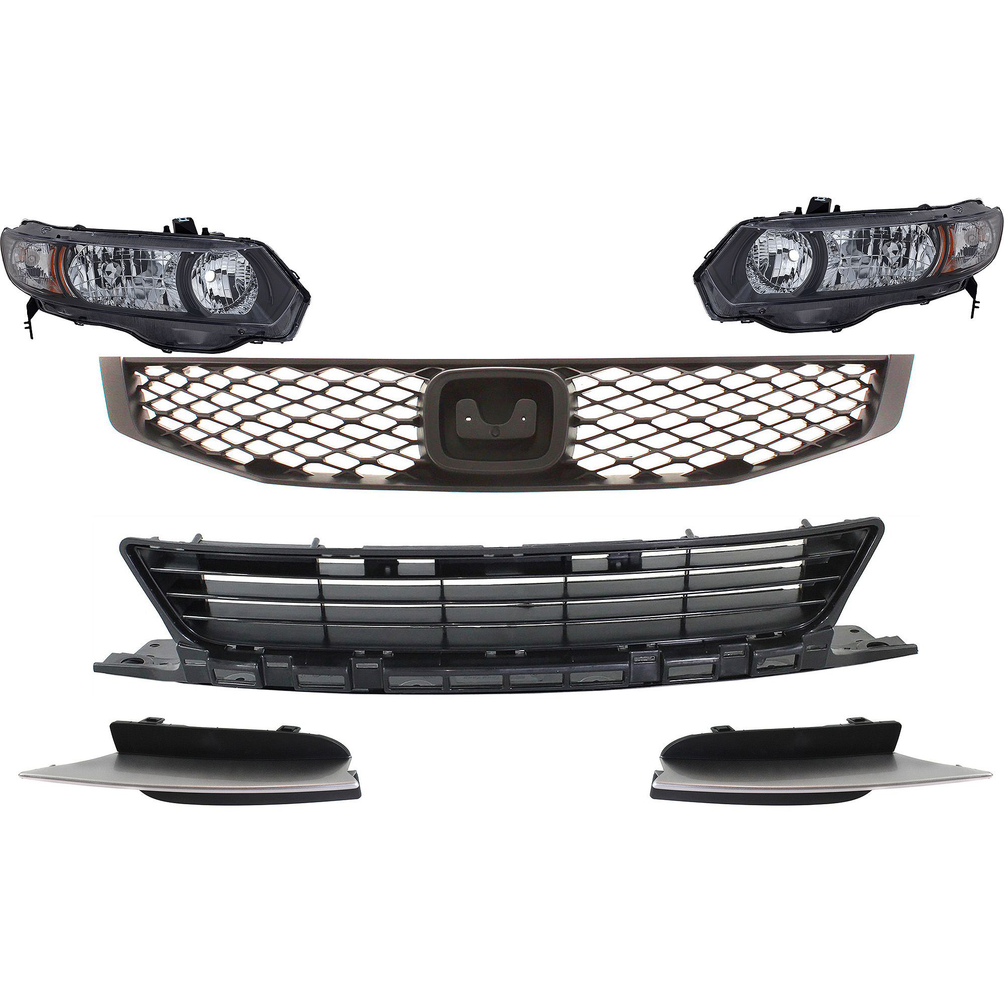 AM CIVIC 10-11 HEAD LAMP RH AND LH 6 Pc kit Lens and Housing Halogen with Bumper Grille Fog Light Cover and Grille Assembly SKU KIT 092823-61 Partslink HO2518126 HO2519126 HO1036107 HO1038103 HO1039103 HO1200199 OEM 33101SVAA51-33151SVAA51-71107S