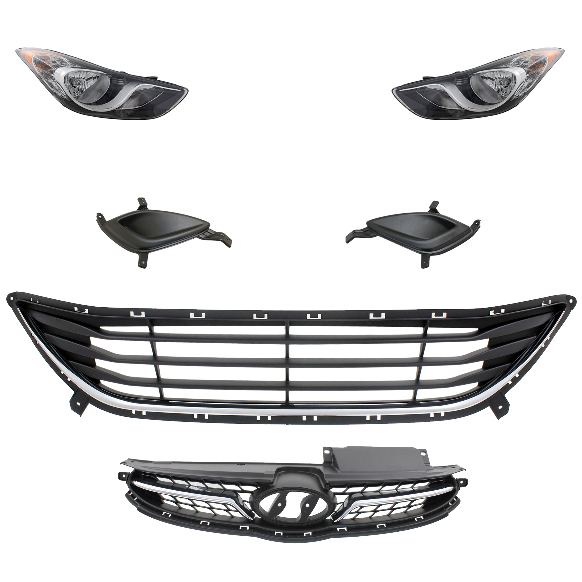 AM ELANTRA 11-13 HEAD LAMP RH AND LH 6 Pc kit Assembly Halogen with Bumper Grille Fog Light Cover and Grille Assembly SKU KIT 092823-63 Partslink HY2502161 HY2503161 HY1036115 HY1038112 HY1039112 HY1200160 OEM 921013Y000-921023Y000-865603Y0