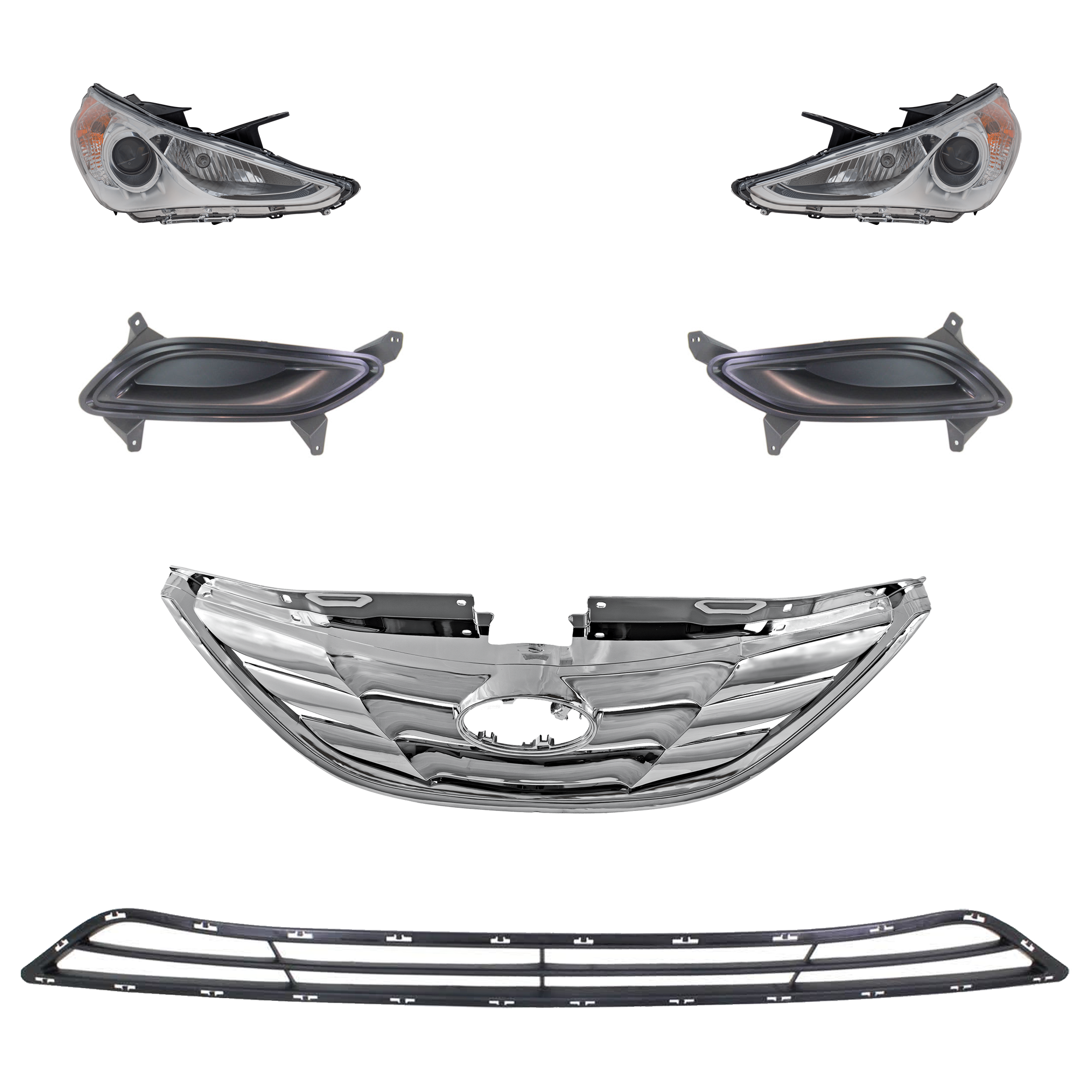 AM SONATA 11-13 HEAD LAMP RH AND LH 6 Pc kit Assembly Halogen with Bumper Grille Fog Light Cover and Grille Assembly SKU KIT 092823-64 Partslink HY2502159 HY2503159 HY1036114 HY1038110 HY1039110 HY1200154 OEM 921013Q000-921023Q000-865613S0