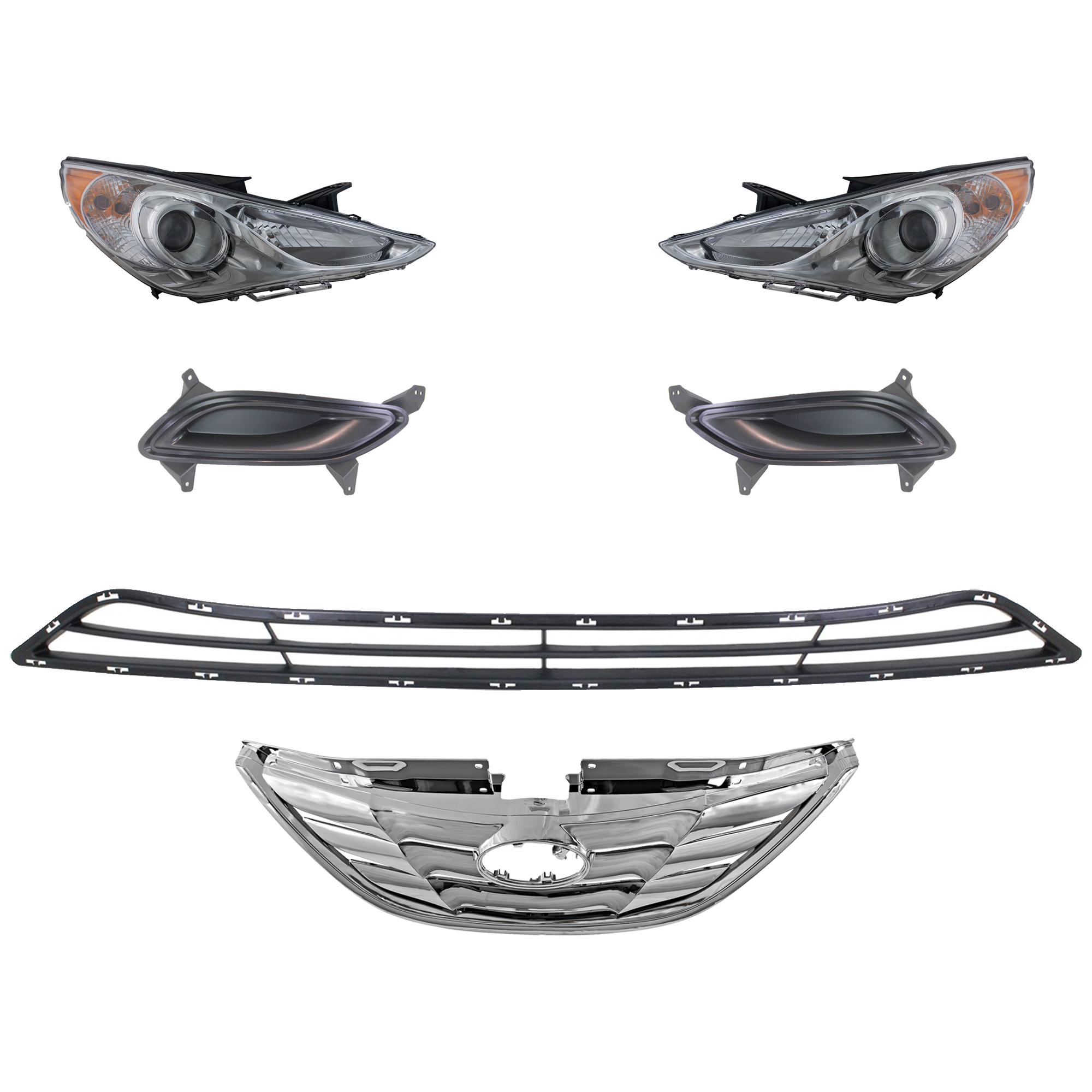 AM SONATA 11-13 HEAD LAMP RH AND LH 6 Pc kit Assembly Halogen with Bumper Grille Fog Light Cover and Grille Assembly SKU KIT 092823-65 Partslink HY2502157 HY2503157 HY1036114 HY1038110 HY1039110 HY1200154 OEM 921013Q100-921023Q100-865613S0