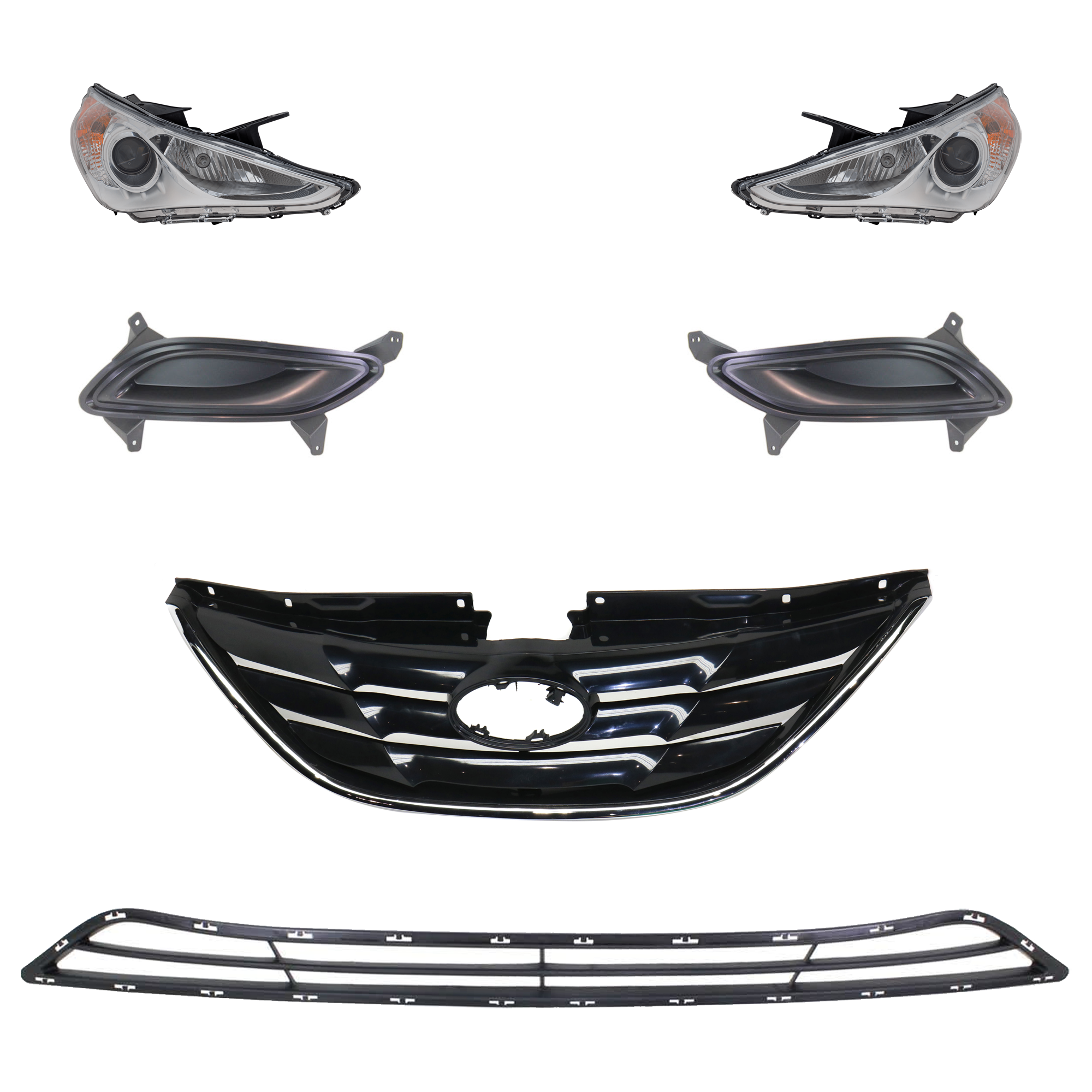 AM SONATA 11-13 HEAD LAMP RH AND LH 6 Pc kit Assembly Halogen with Bumper Grille Fog Light Cover and Grille Assembly SKU KIT 092823-68 Partslink HY2502159 HY2503159 HY1036114 HY1038110 HY1039110 HY1200162 OEM 921013Q000-921023Q000-865613S0
