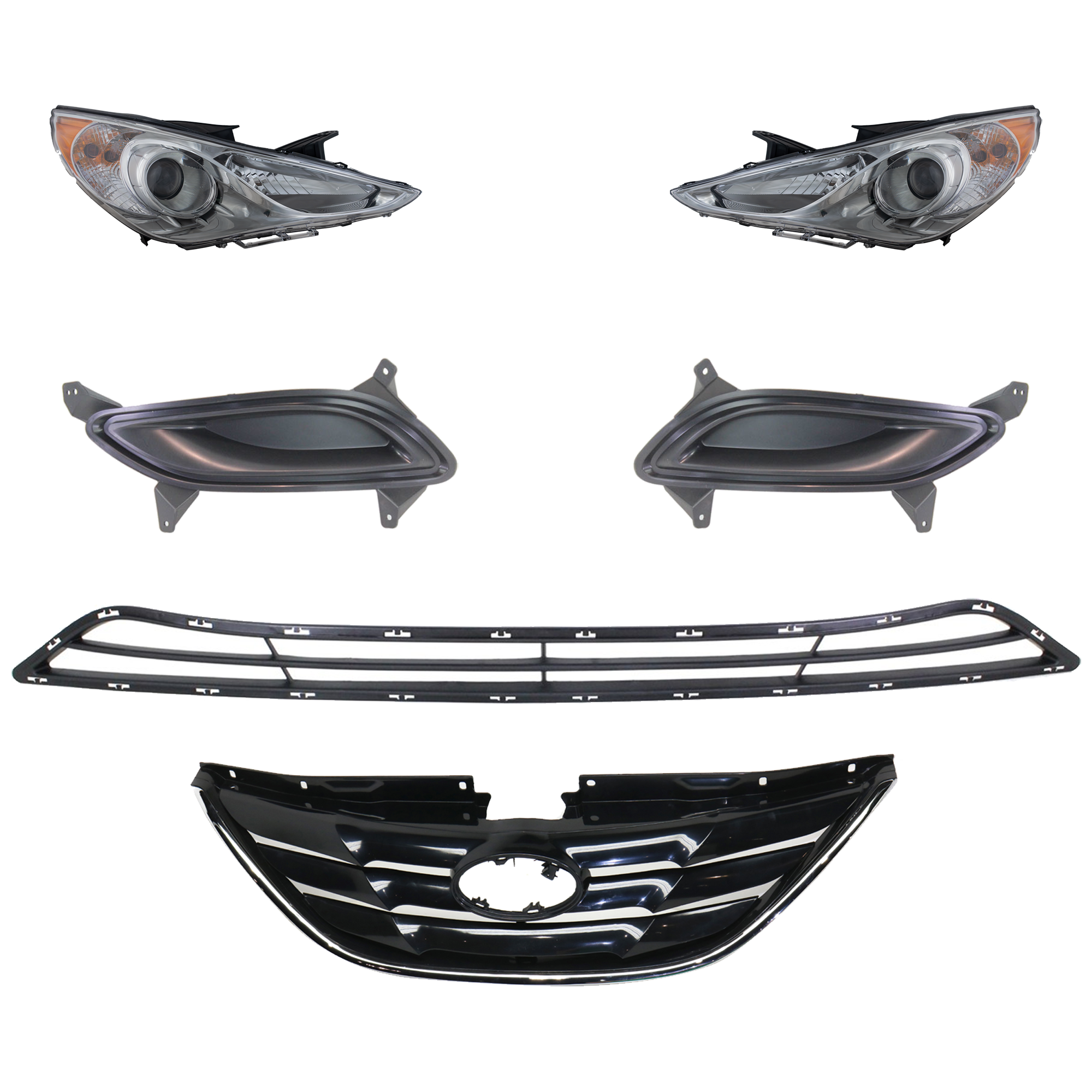 AM SONATA 11-13 HEAD LAMP RH AND LH 6 Pc kit Assembly Halogen with Bumper Grille Fog Light Cover and Grille Assembly SKU KIT 092823-69 Partslink HY2502157 HY2503157 HY1036114 HY1038110 HY1039110 HY1200162 OEM 921013Q100-921023Q100-865613S0
