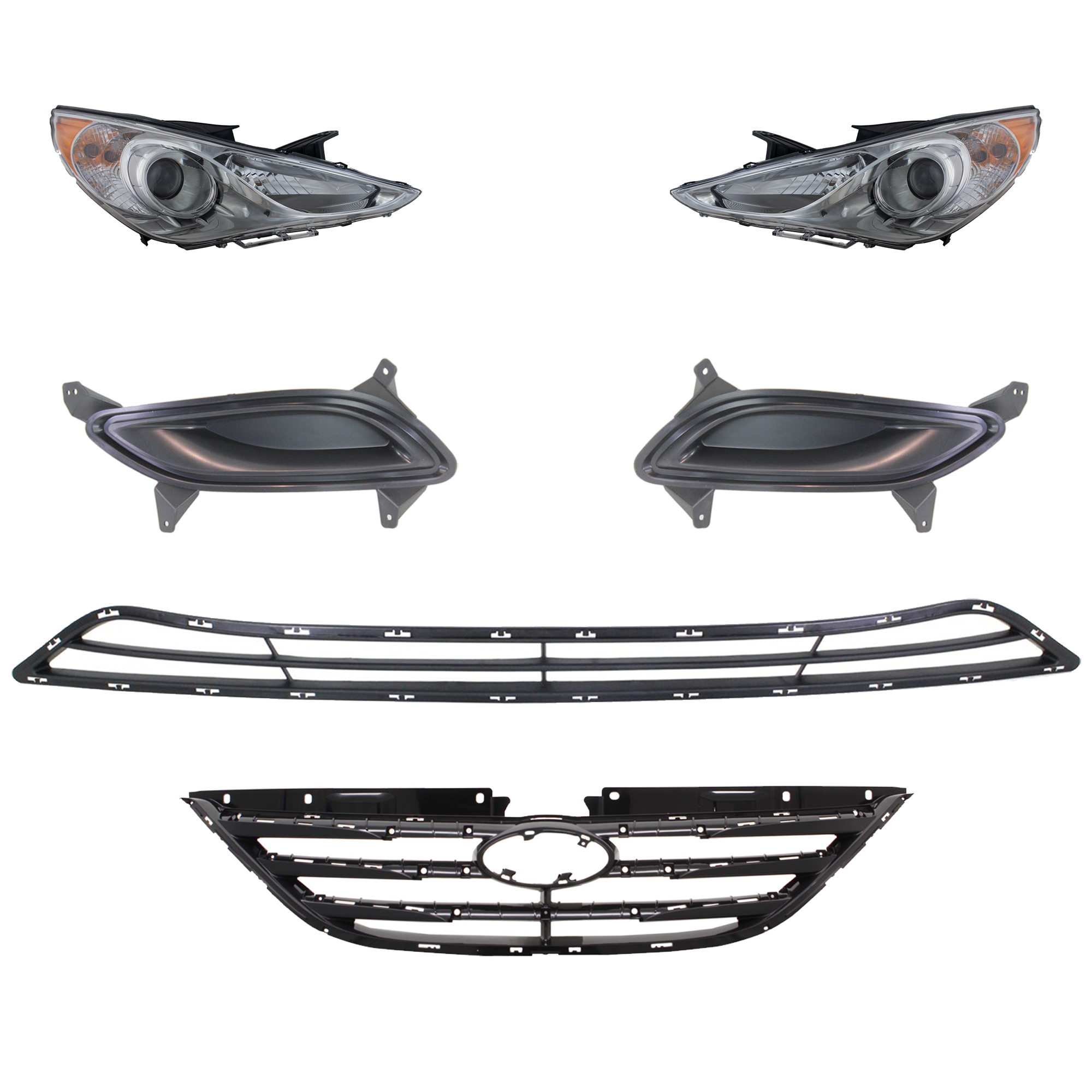 AM SONATA 11-13 HEAD LAMP RH AND LH 6 Pc kit Assembly Halogen with Bumper Grille Fog Light Cover and Grille Assembly SKU KIT 092823-70 Partslink HY2502157 HY2503157 HY1036114 HY1038110 HY1039110 HY1200192 OEM 921013Q100-921023Q100-865613S0