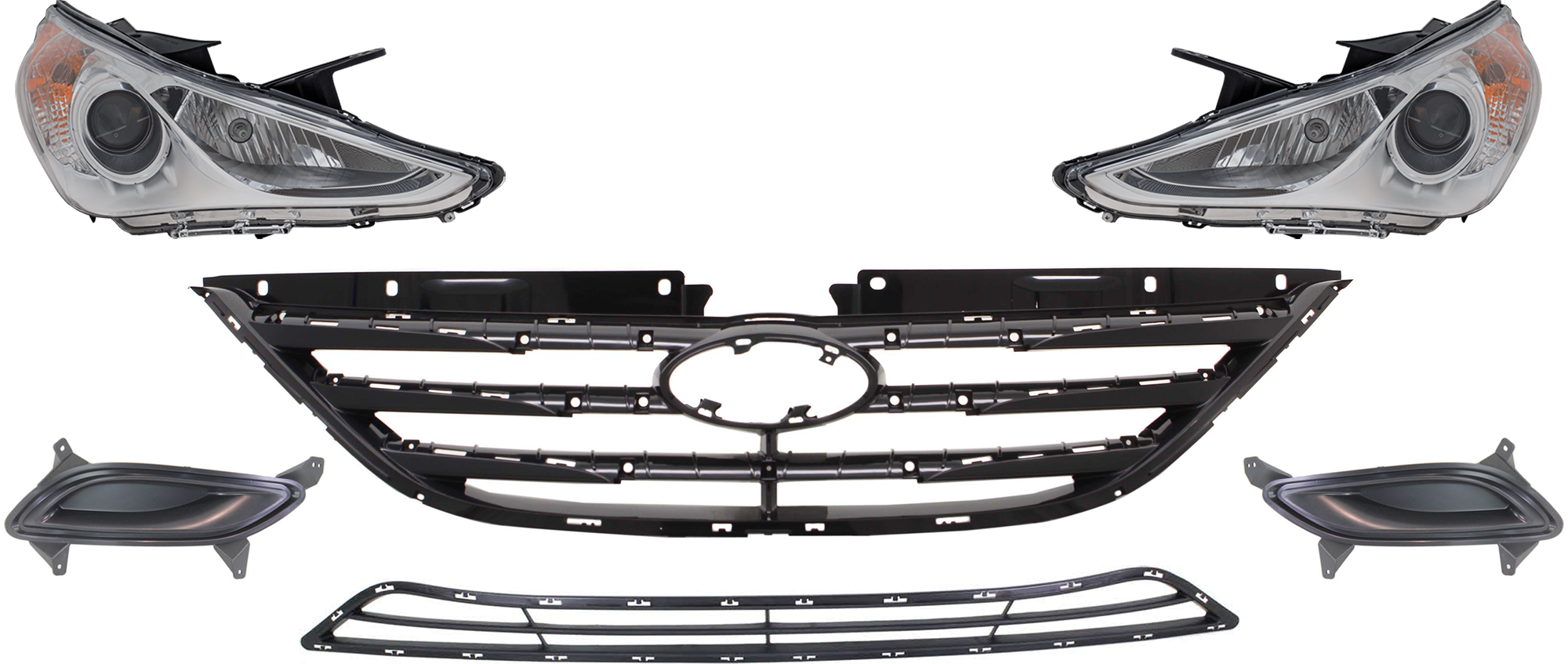 AM SONATA 11-13 HEAD LAMP RH AND LH 6 Pc kit Assembly Halogen with Bumper Grille Fog Light Cover and Grille Assembly SKU KIT 092823-71 Partslink HY2502159 HY2503159 HY1036114 HY1038110 HY1039110 HY1200192 OEM 921013Q000-921023Q000-865613S0