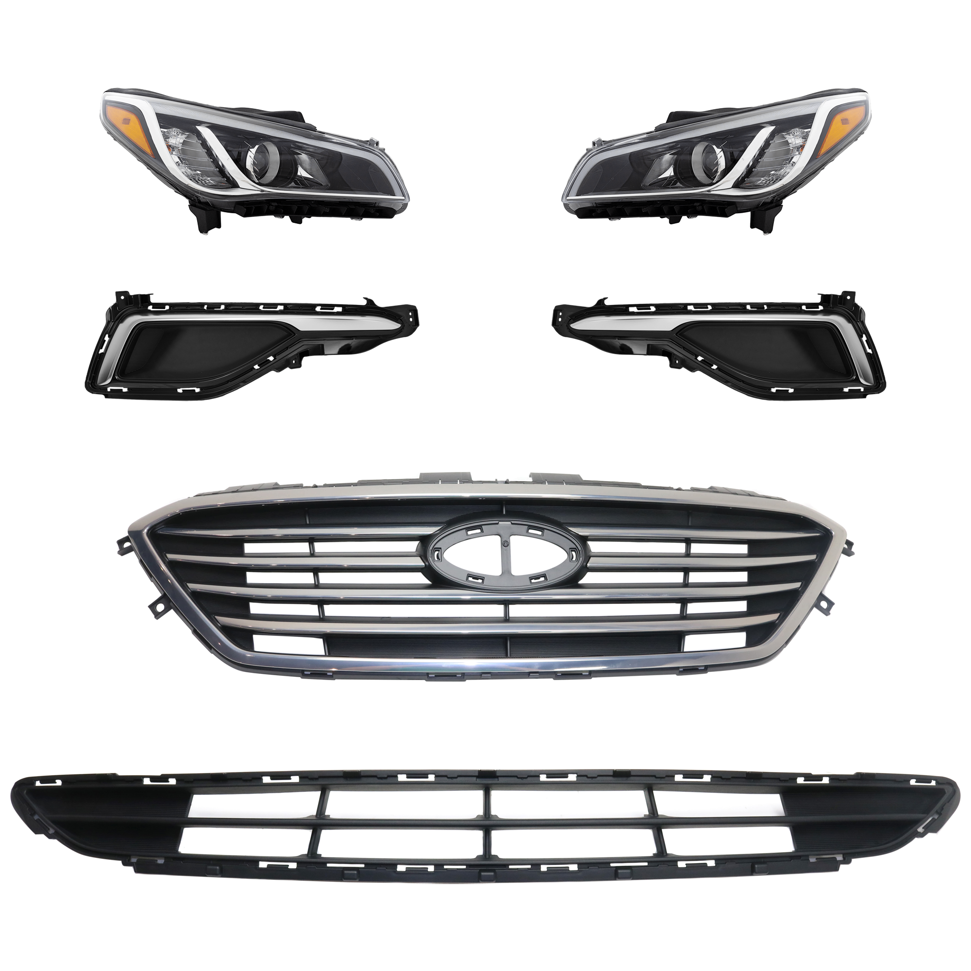 AM SONATA 15-17 HEAD LAMP RH AND LH 6 Pc kit Assembly Halogen with Bumper Grille Fog Light Cover and Grille Assembly SKU KIT 092823-72 Partslink HY2502183 HY2503183 HY1036127 HY1038159 HY1039159 HY1200174 OEM 92101C2000-92102C2000-86561C20