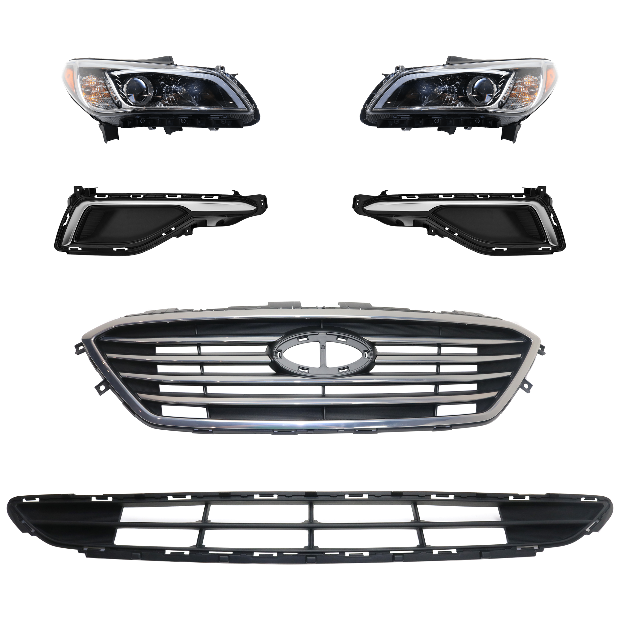 AM SONATA 15-17 HEAD LAMP RH AND LH 6 Pc kit Assembly Halogen with Bumper Grille Fog Light Cover and Grille Assembly SKU KIT 092823-76 Partslink HY2502201 HY2503201 HY1036127 HY1038159 HY1039159 HY1200174 OEM 92101C2050-92102C2050-86561C20