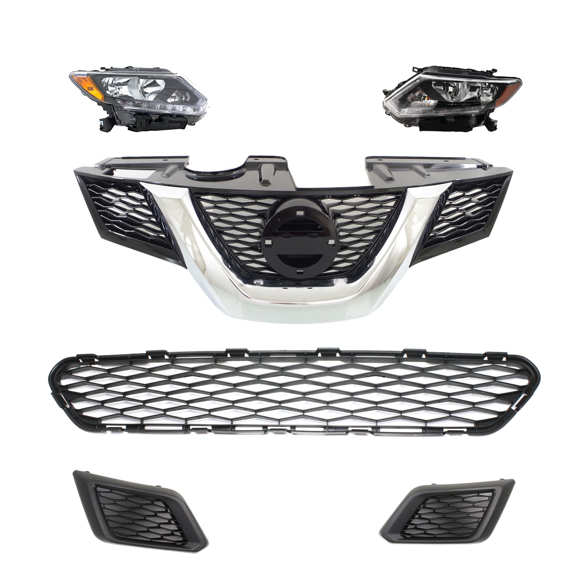 AM ROGUE 14-15 HEAD LAMP RH AND LH 6 Pc kit Assembly Halogen with Bumper Grille Fog Light Cover and Grille Assembly SKU KIT 092823-78 Partslink NI2502226 NI2503226 NI1036102 NI1038131 NI1039131 NI1200258 OEM 260104BA2A 260604BA2A 622544BA