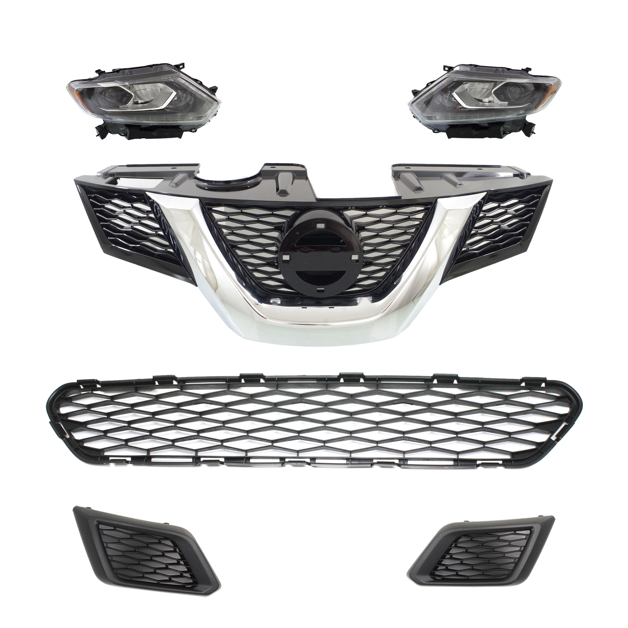 AM ROGUE 14-15 HEAD LAMP RH AND LH 6 Pc kit Assembly LED with Bumper Grille Fog Light Cover and Grille Assembly SKU KIT 092823-79 Partslink NI2502228 NI2503228 NI1036102 NI1038131 NI1039131 NI1200258 OEM 260104BA5A 260604BA5A 622544BA