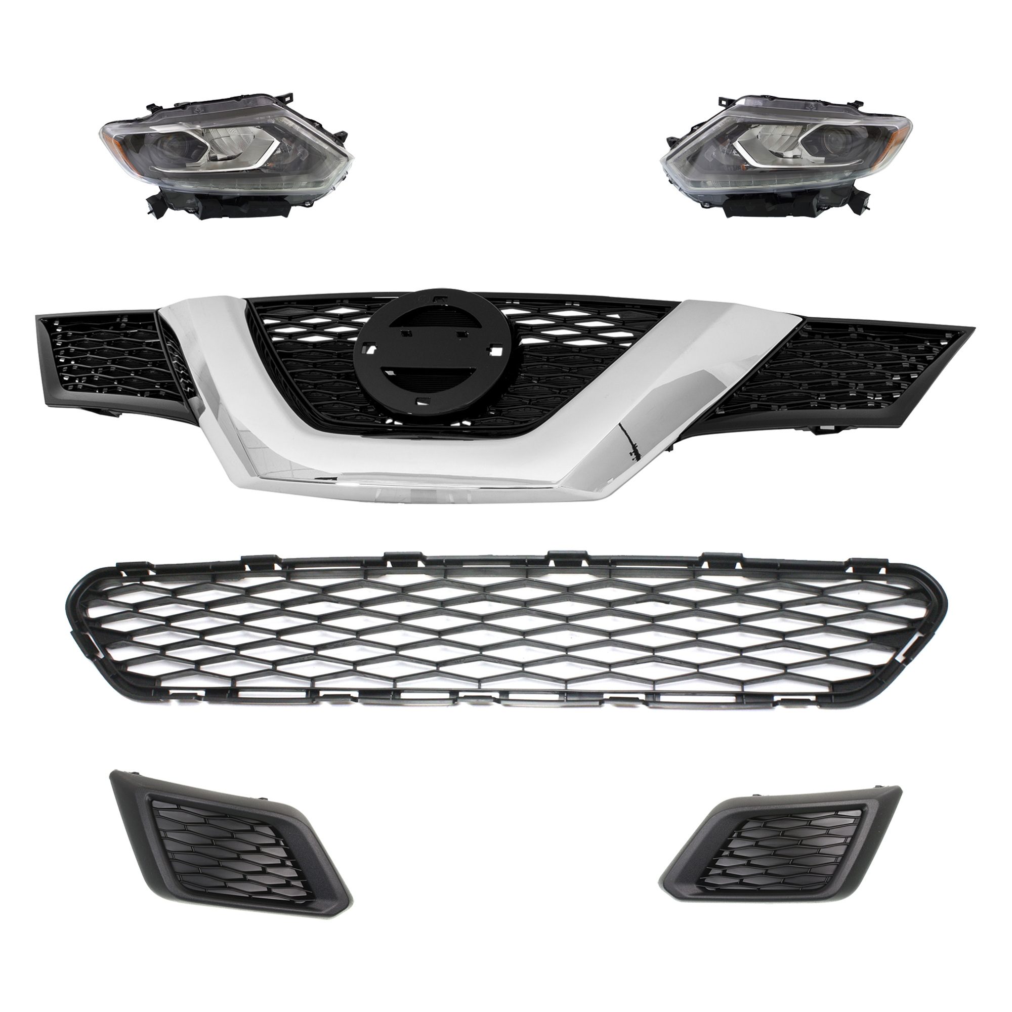 AM ROGUE 15-16 HEAD LAMP RH AND LH 6 Pc kit Assembly LED with Bumper Grille Fog Light Cover and Grille Assembly SKU KIT 092823-80 Partslink NI2502228 NI2503228 NI1036102 NI1038131 NI1039131 NI1200304 OEM 260104BA5A 260604BA5A 622544BA