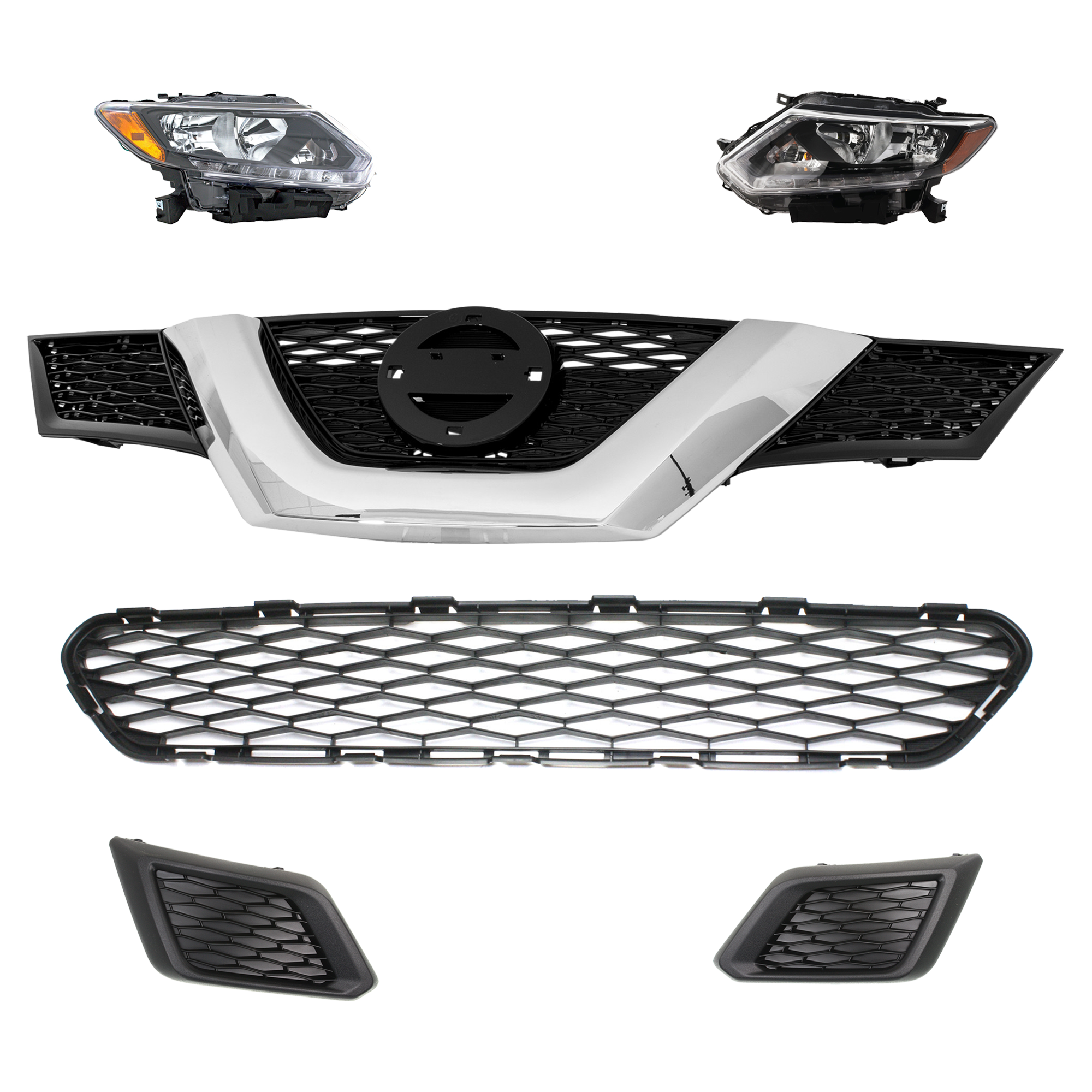 AM ROGUE 15-16 HEAD LAMP RH AND LH 6 Pc kit Assembly Halogen with Bumper Grille Fog Light Cover and Grille Assembly SKU KIT 092823-81 Partslink NI2502226 NI2503226 NI1036102 NI1038131 NI1039131 NI1200304 OEM 260104BA2A 260604BA2A 622544BA