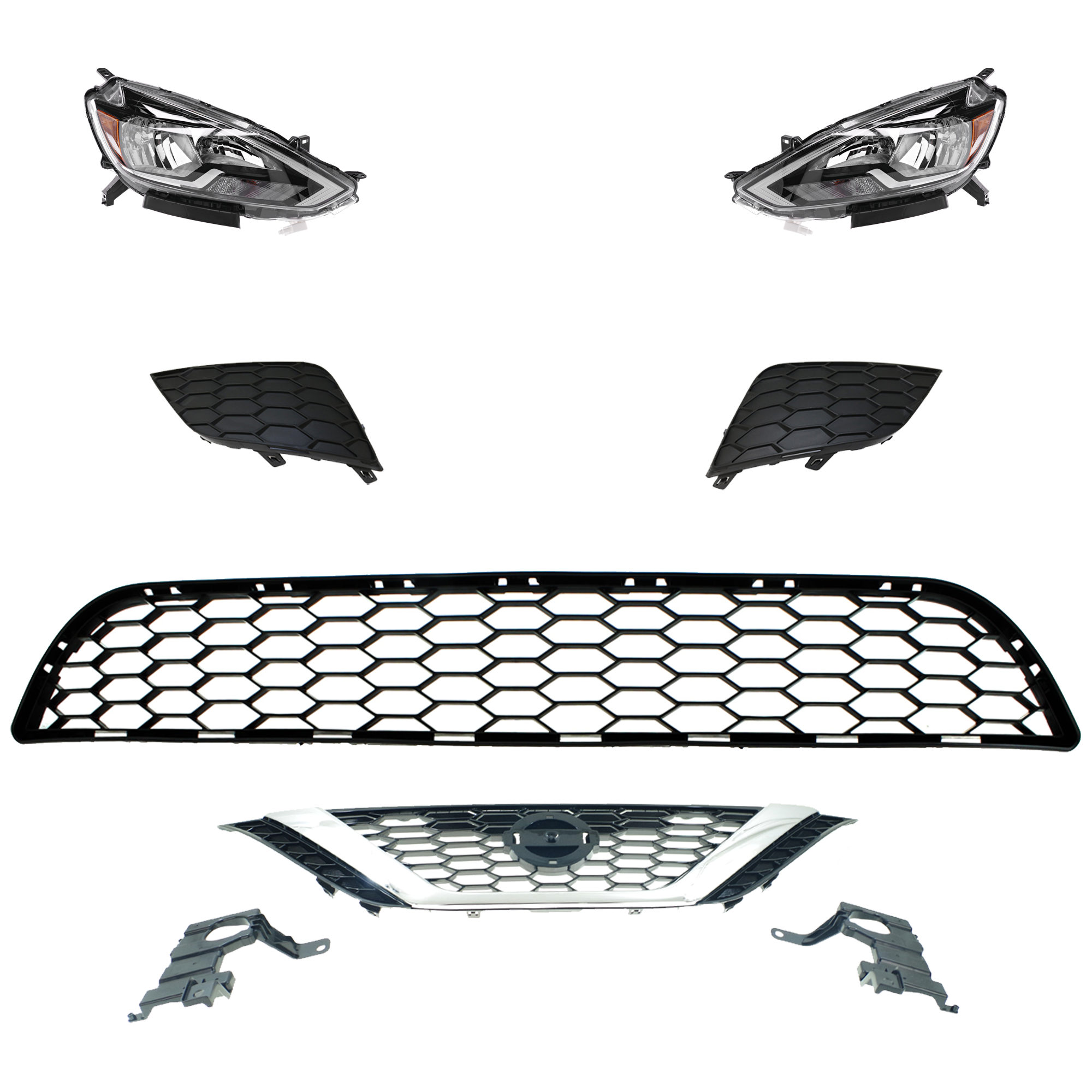 AM SENTRA 16-19 HEAD LAMP RH AND LH 6 Pc kit Assembly Halogen with Bumper Grille Fog Light Cover and Grille Assembly SKU KIT 092823-85 Partslink NI2502244 NI2503244 NI1036107 NI1038142 NI1039142 NI1200279 OEM 260103YU0A 260603YU0A 622543YU