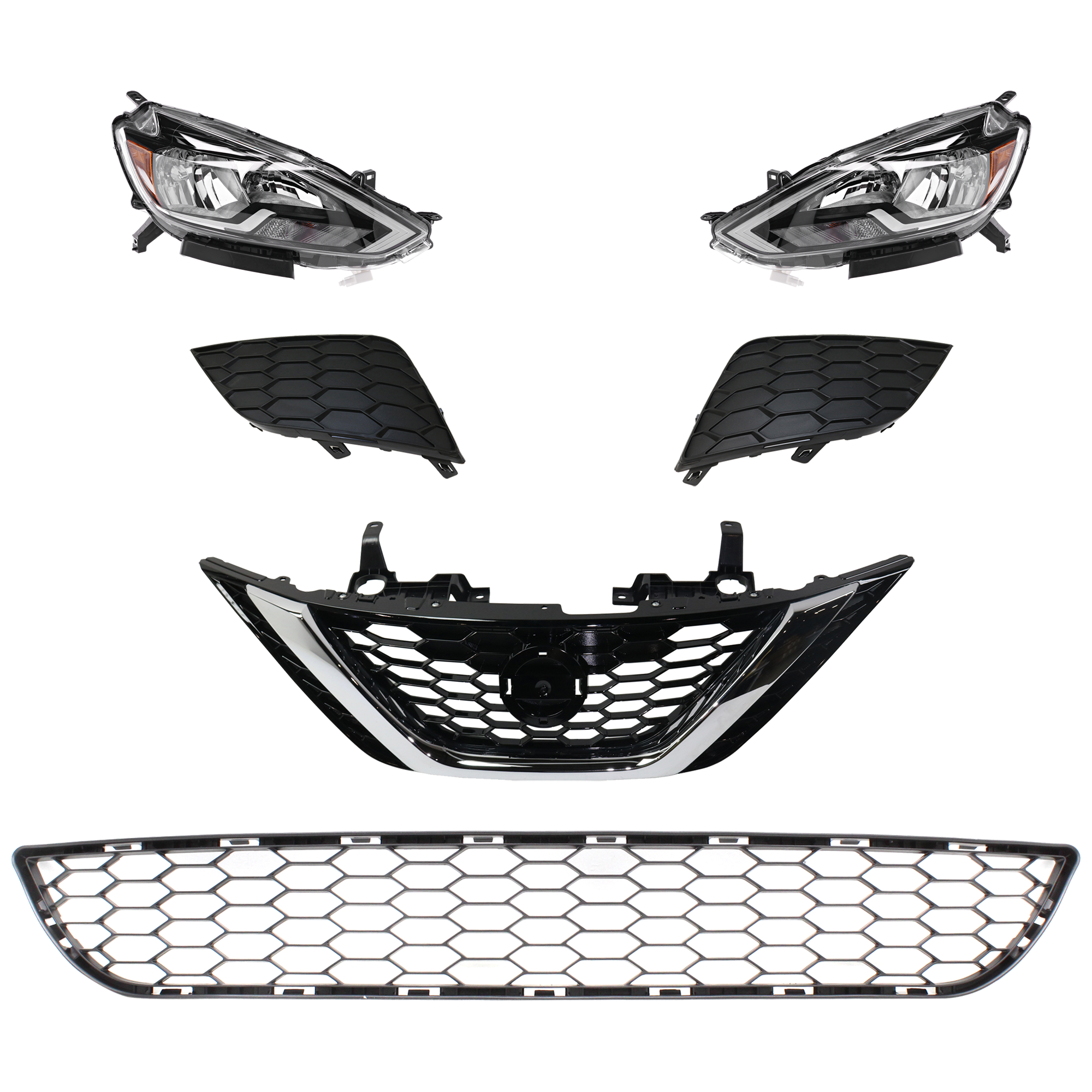 AM SENTRA 16-19 HEAD LAMP RH AND LH 6 Pc kit Assembly Halogen with Bumper Grille Fog Light Cover and Grille Assembly SKU KIT 092823-87 Partslink NI1036107C NI1038142 NI1039142 NI1200279C NI2502244C NI2503244C OEM 260103YU0A 260603YU0A 622543YU
