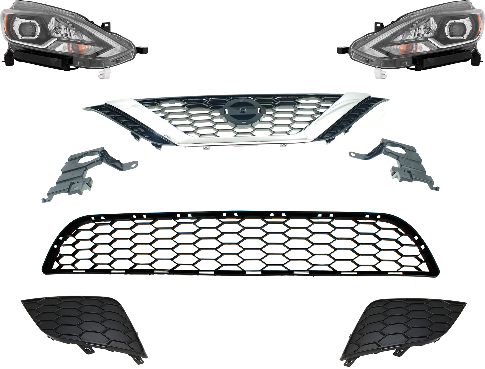 AM SENTRA 18-19 HEAD LAMP RH AND LH 6 Pc kit Assembly LED with Bumper Grille Fog Light Cover and Grille Assembly SKU KIT 092823-88 Partslink NI2502263 NI2503263 NI1036107 NI1038142 NI1039142 NI1200279 OEM 260105UD5A 260605UD5A 622543YU